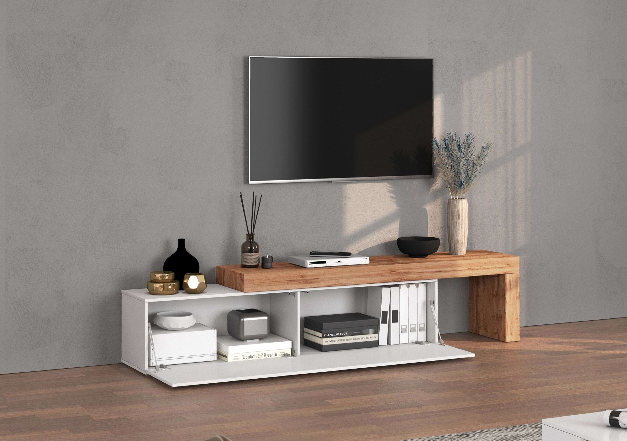 INOSIGN Lowboard »Chronos TV-Board, TV-Schrank«, (1 St., Breite verstellbar von 190 bis 350 cm), Breite 270 cm TV-Board,Lowboard,1 Klappe und ein L-Förmiger Aufsatz