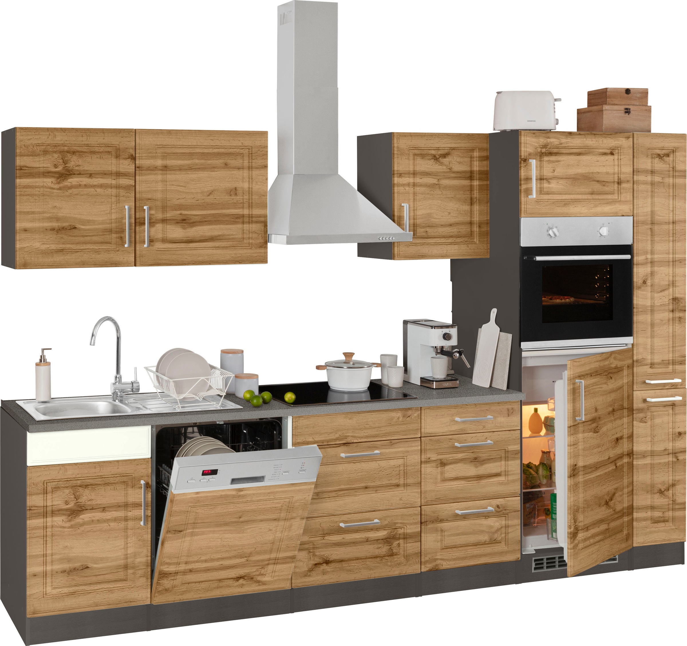 KOCHSTATION Küchenzeile »KS-Stockholm«, Breite 310 cm, mit hochwertigen MDF Fronten im Landhaus-Stil