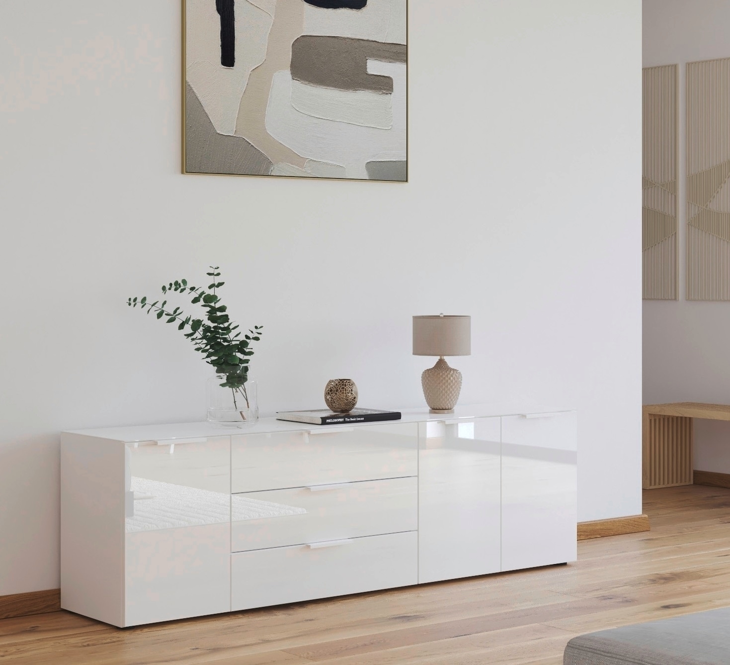 rauch Kombikommode »Kommode Türkommode Sideboard Kombikommode FLIPP mit Glasfront«, (Breite 200 cm mit 2 Einlegeböden), 3-türig, 3 Schubladen, Soft-Close-Funktion, Oberboden und Front Glas