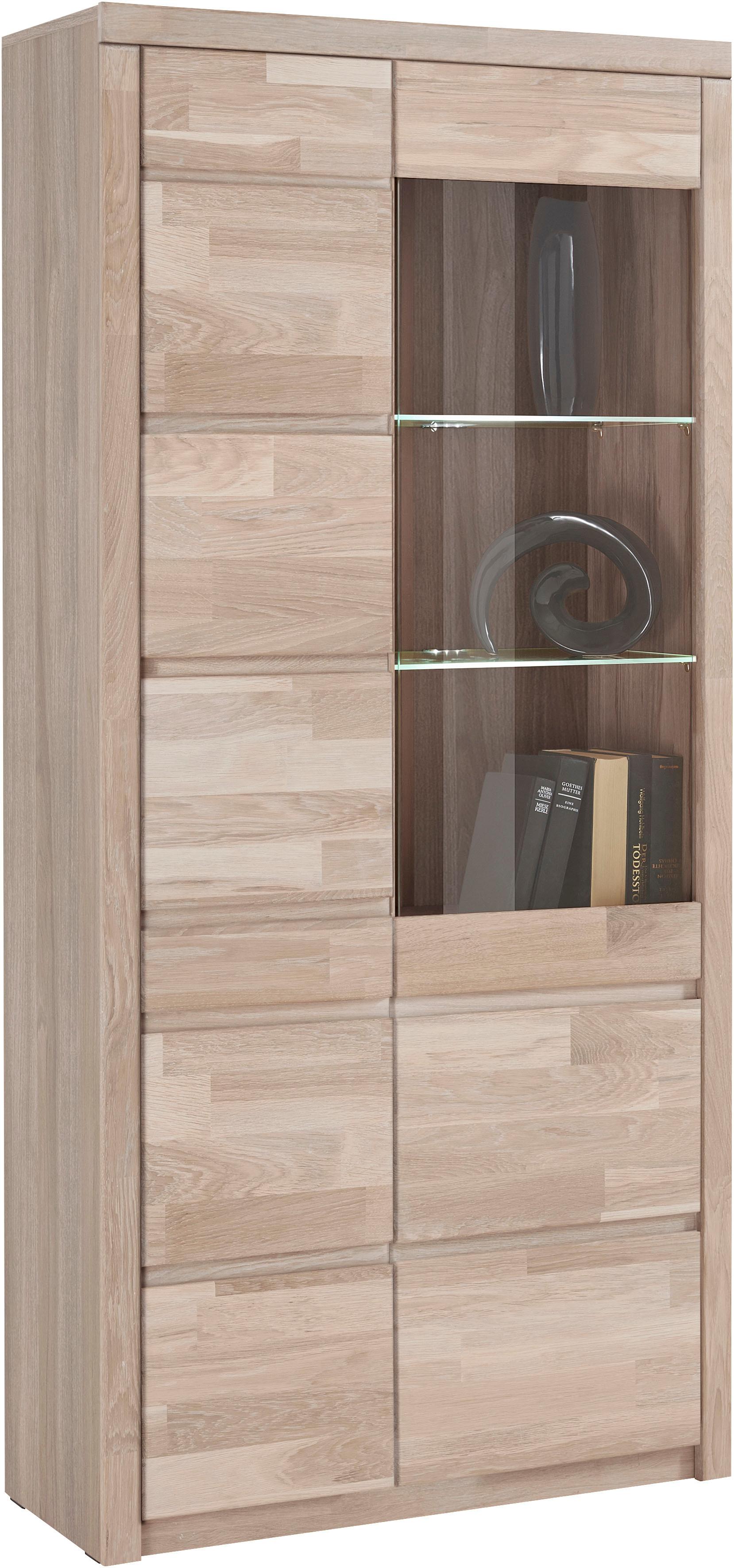 OTTO home Vitrine "SILBEKORG B/T/H: 90/35/190cm, Fronten & Leisten aus Massivholz" 10 Fächer, variable Einlegeboden aus Glas&Melamin, Korpus aus Melamin
