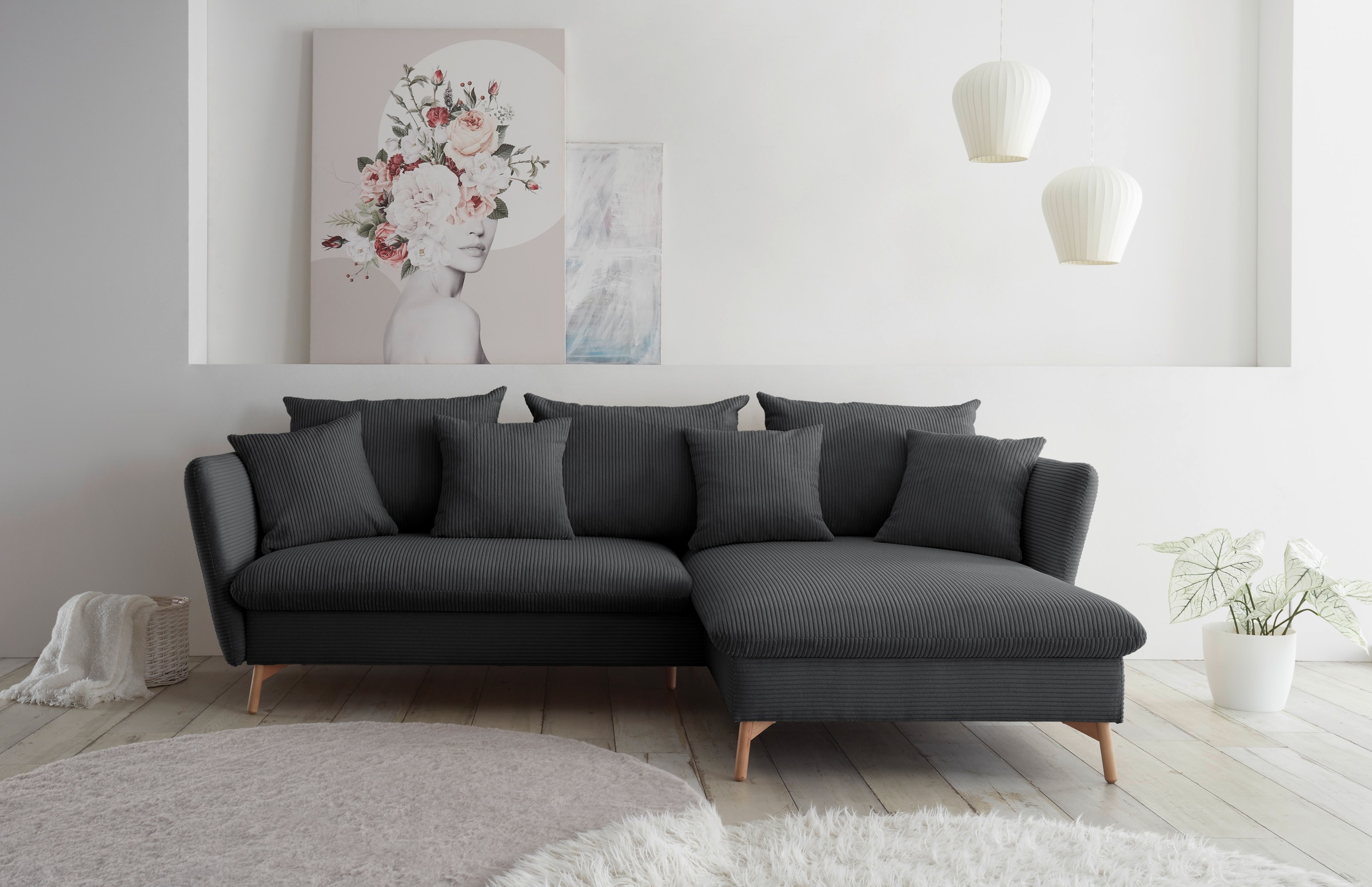 andas Ecksofa »MERLE, 258 cm, L-Form, traumhafter Cord,«, mit Bettfunktion und Bettkasten, Liegefläche 224 x 139