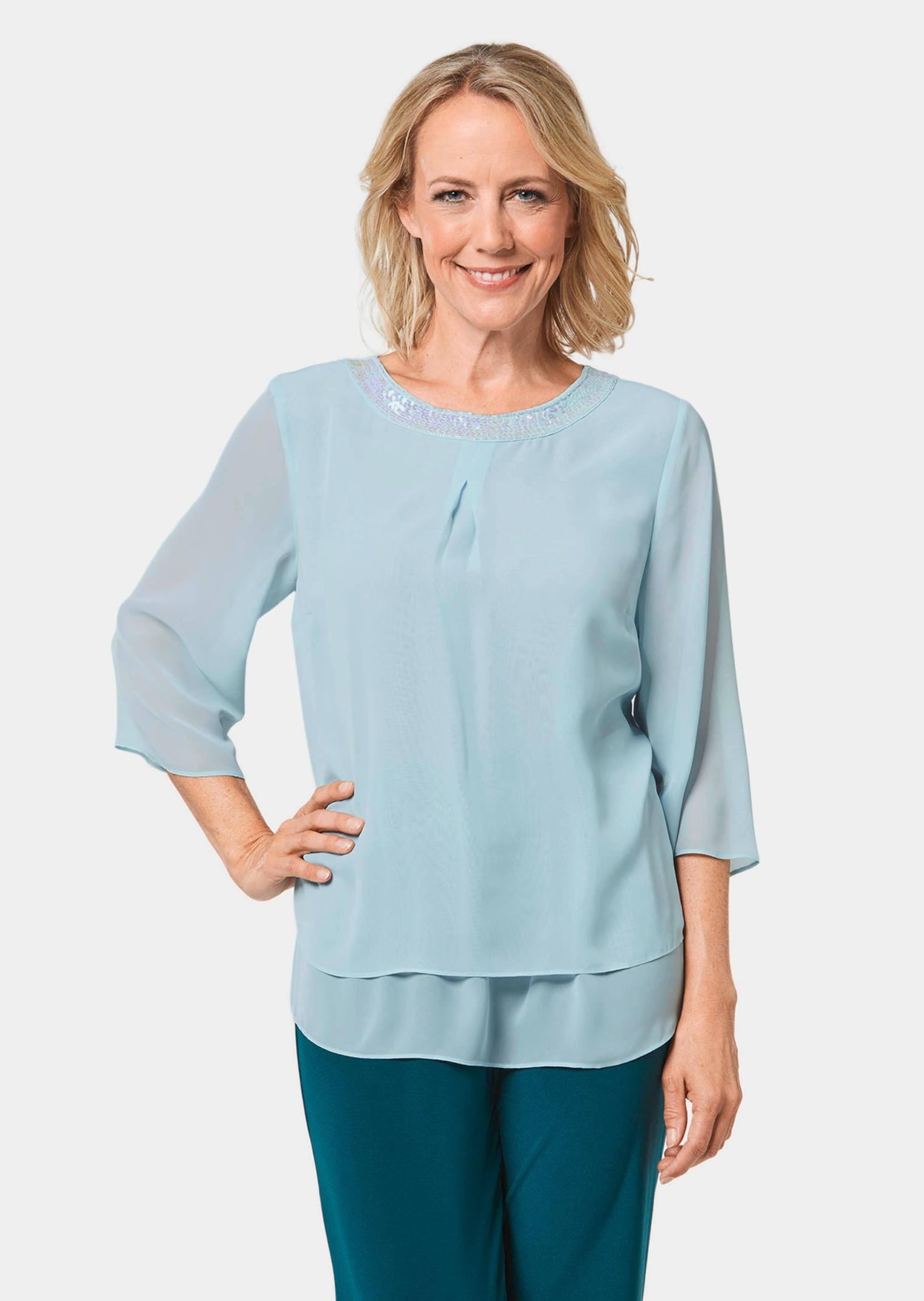 GOLDNER Kurzarmbluse »Schlupfbluse Luftige Chiffonbluse mit Pailletten«