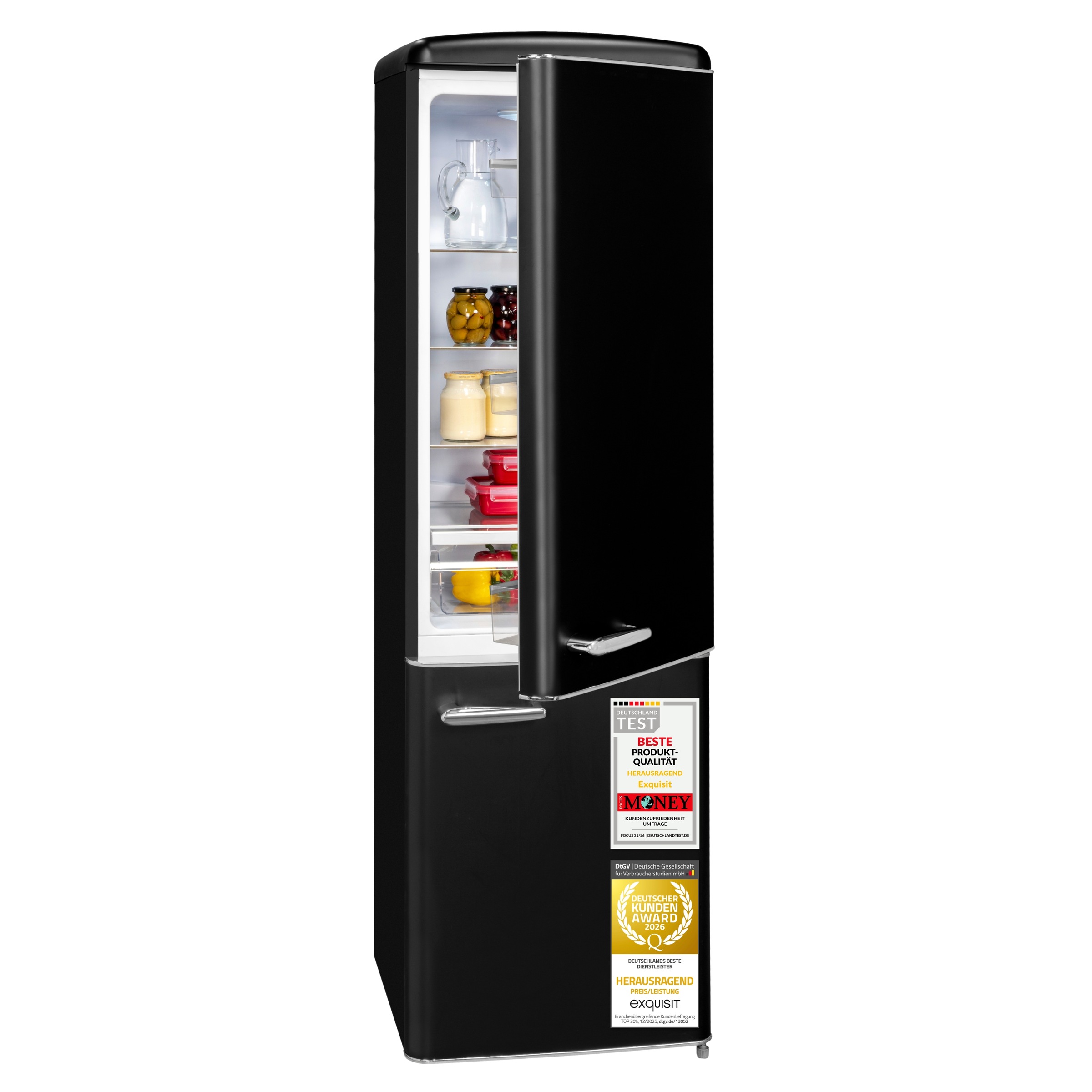 exquisit Kühl-/Gefrierkombination »RKGC250-70-H-160C mattschwarz« 183 cm hoch 54,5 cm breit Retro-Design mit 4-Sterne-Gefrierfach & flexiblen Glasablagen