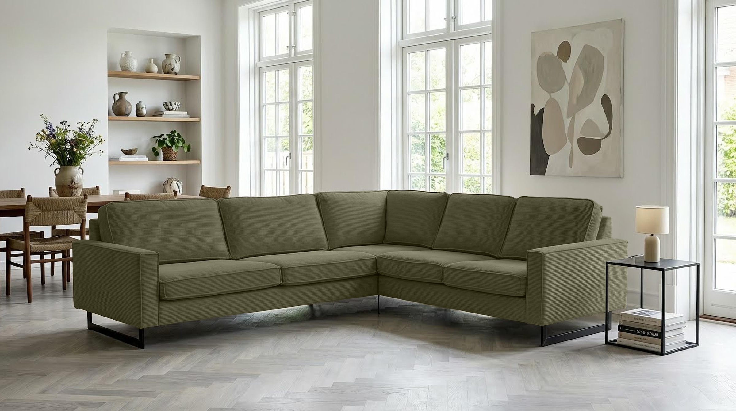 OTTO home Ecksofa "Pinto, XXL, 250/290 cm, langer Schenkel, Ottomane" Cord, Chenille, Lederoptik, mit Keder, Metallfüße, Wellenunterfederung