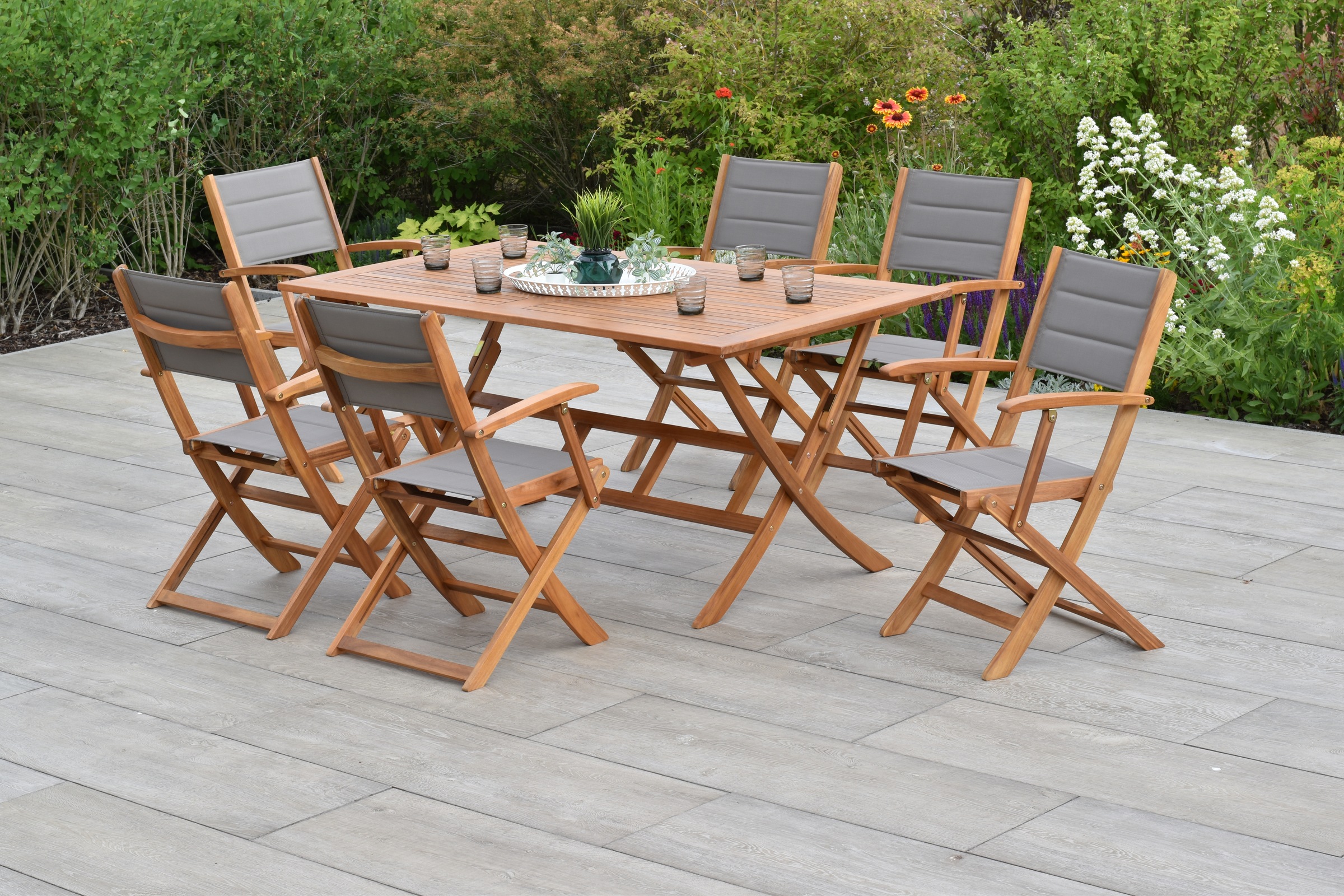 MERXX Garten-Essgruppe »»Acapulco««, (Set, 5 tlg., Geöltes Akazienholz, gepolsterte Sitz- und Rückenfläche), Tisch klappbar: LxB: 160x90 cm