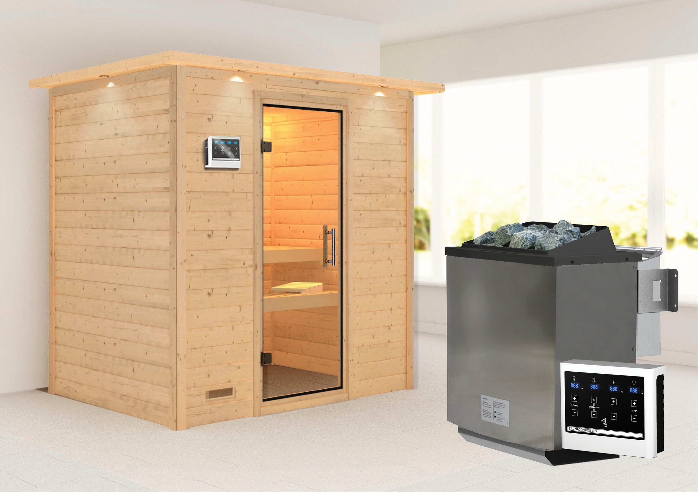 Karibu Sauna ""Sonja" mit Klarglastür und Kranz Ofen 9 kW Bio externe Strg modern"