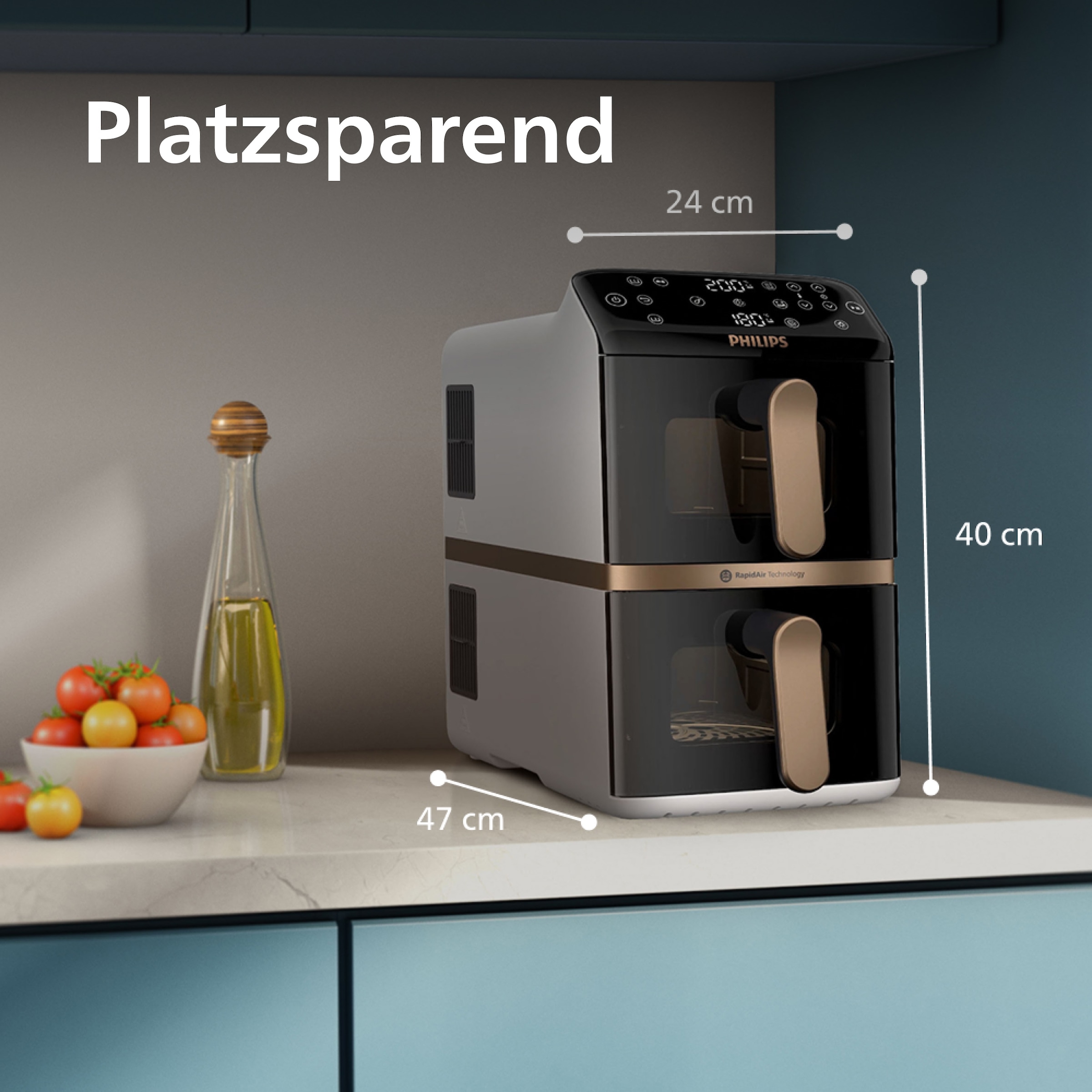 Philips Heißluftfritteuse »NA462/70 4000 Series Stacked Dual Basket und 10L Kapazität (5+5L)« 2750 W Fassungsvermögen 0 l RapidAir Technologie; Schwarz/Dunkelgrau, kupfer Griff