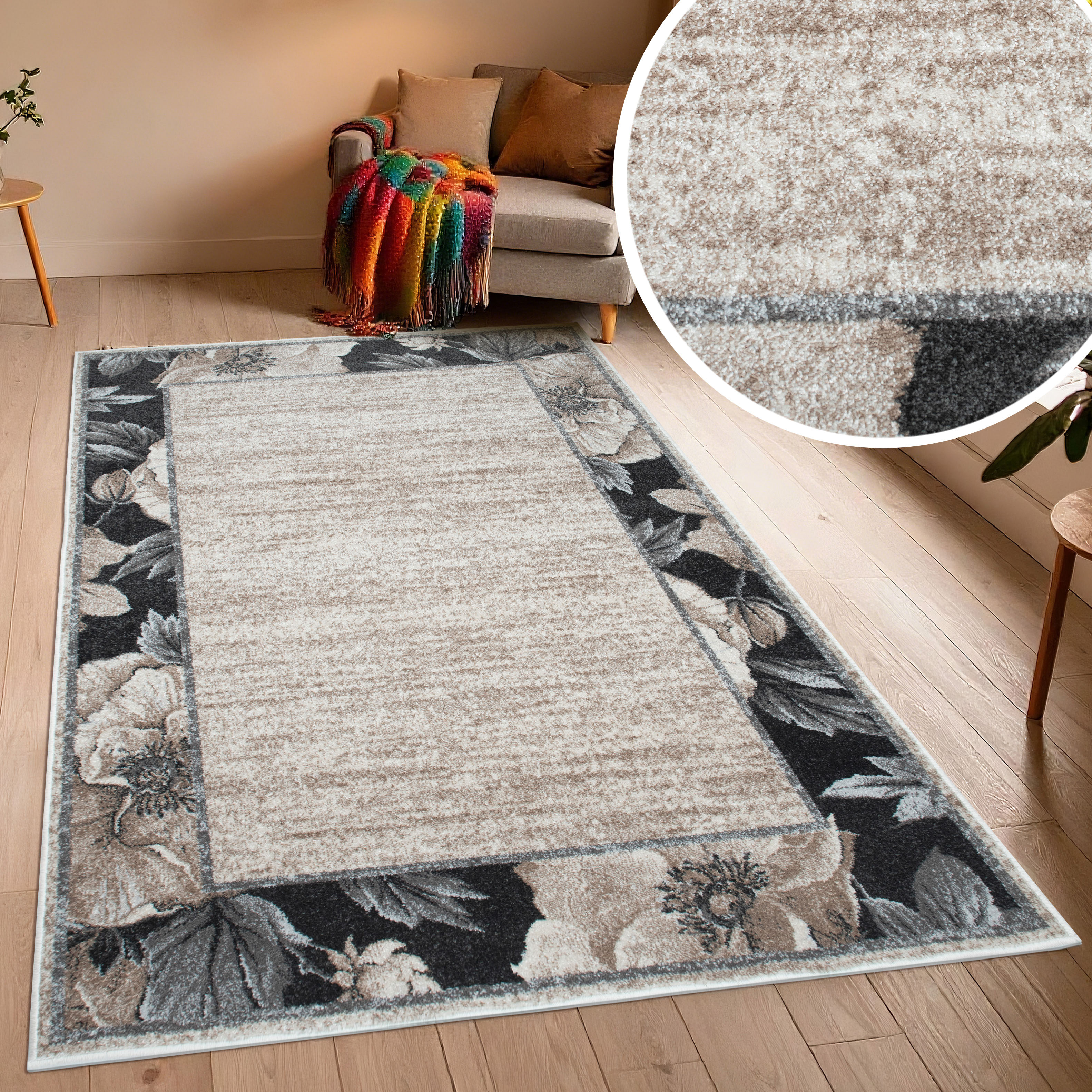 OTTO home Teppich "Florent mit Rahmen, Blumen Design" rechteckig 9 mm Höhe Floral, detailreiche Blüten, meliert, elegant, Wohnzimmer