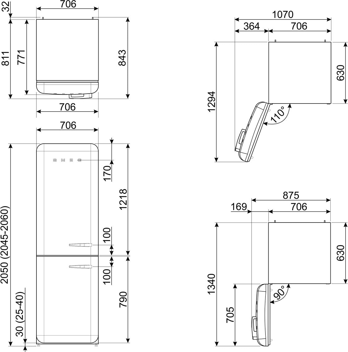 Smeg Kühl-/Gefrierkombination, FAB38LCR5, 205 cm hoch, 70,6 cm breit