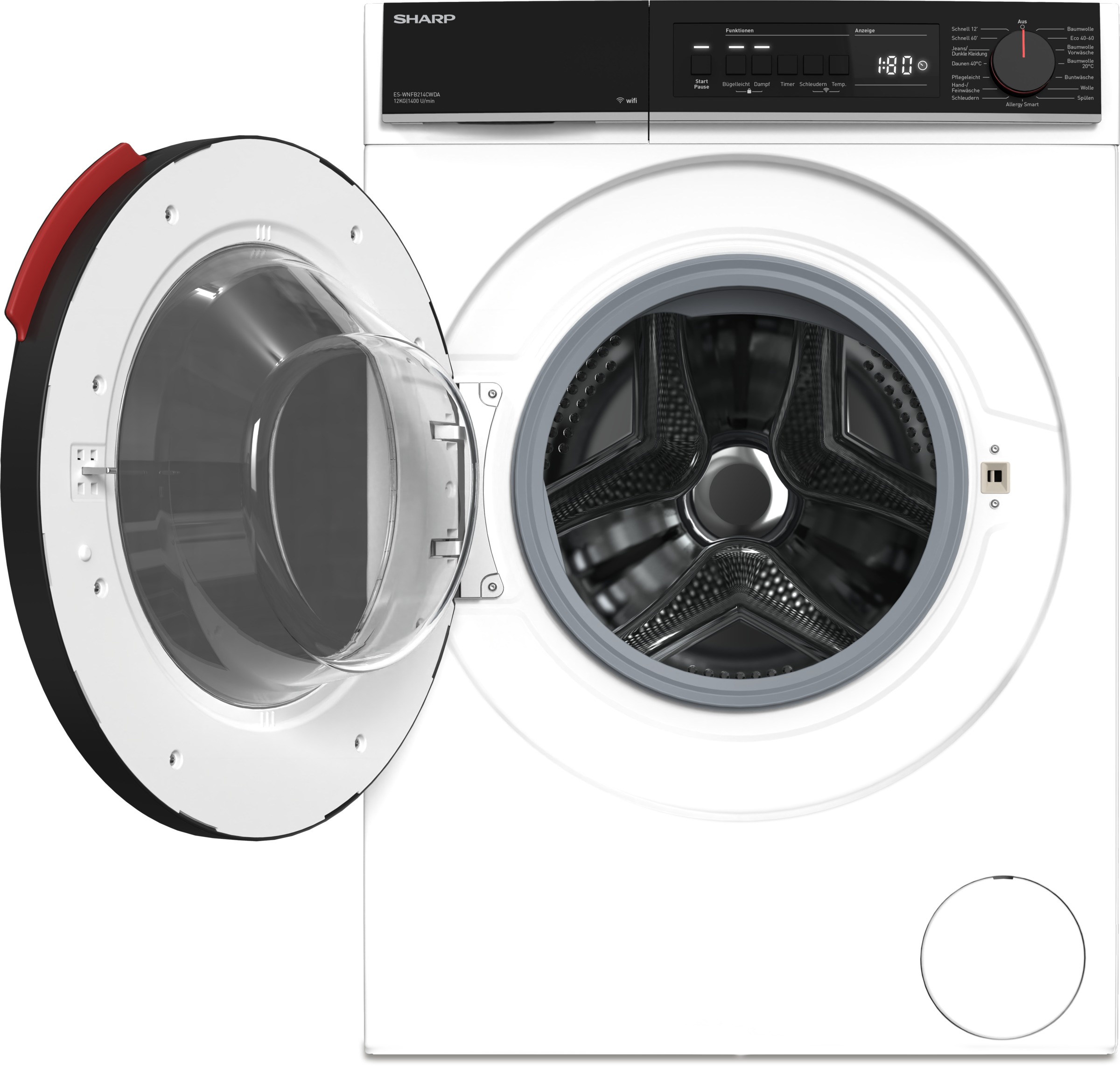 Sharp Waschmaschine Mid Class »ES-WNFB214CWDA-DE«, 12 kg, 1400 U/min, 12kg / +WIFI / A-20% / black Doorring+knob/Steam/White