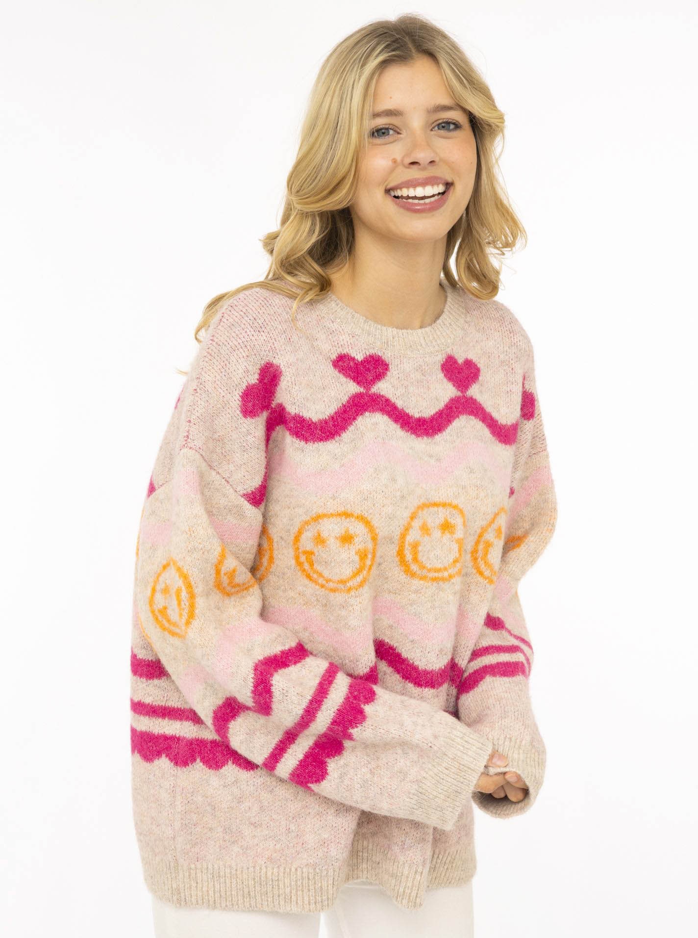 Zwillingsherz Strickpullover »"Cozy Love"« allover Motiv in Neon, oversize, überschnittene Schultern, Rundhals