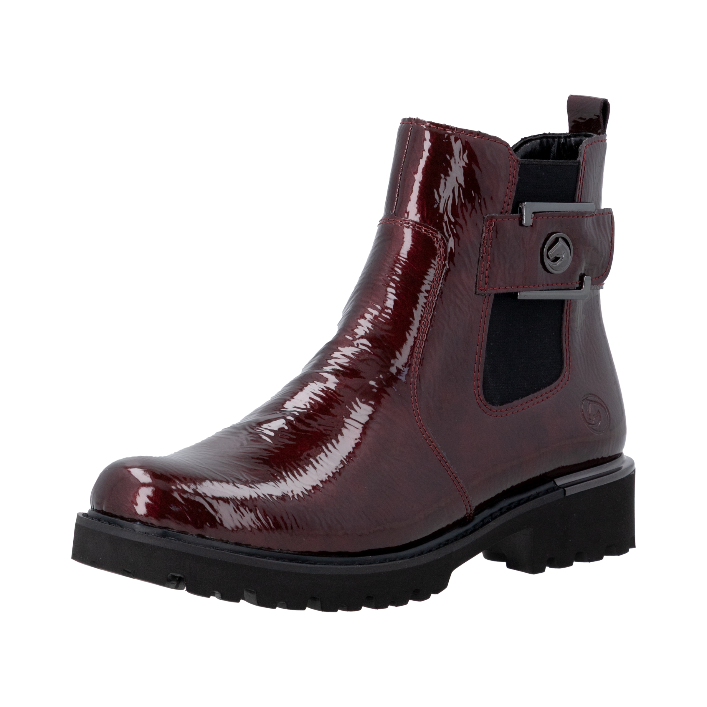 Chelseaboots REMONTE, Damen, Gr. 45, rot kombiniert, Lacklederimitat, Schuhe Chelseaboots, Blockabsatz, Stiefelette, Lackboots in trendiger Optik