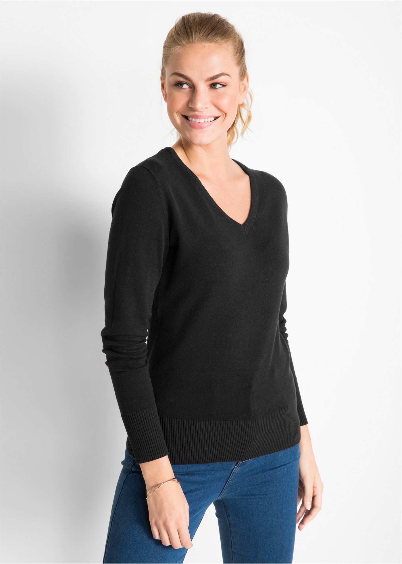 bonprix Strickpullover "Feinstrickpullover" aus Feinstrick, hüftlang, ohne Verschluss, schmale Passform