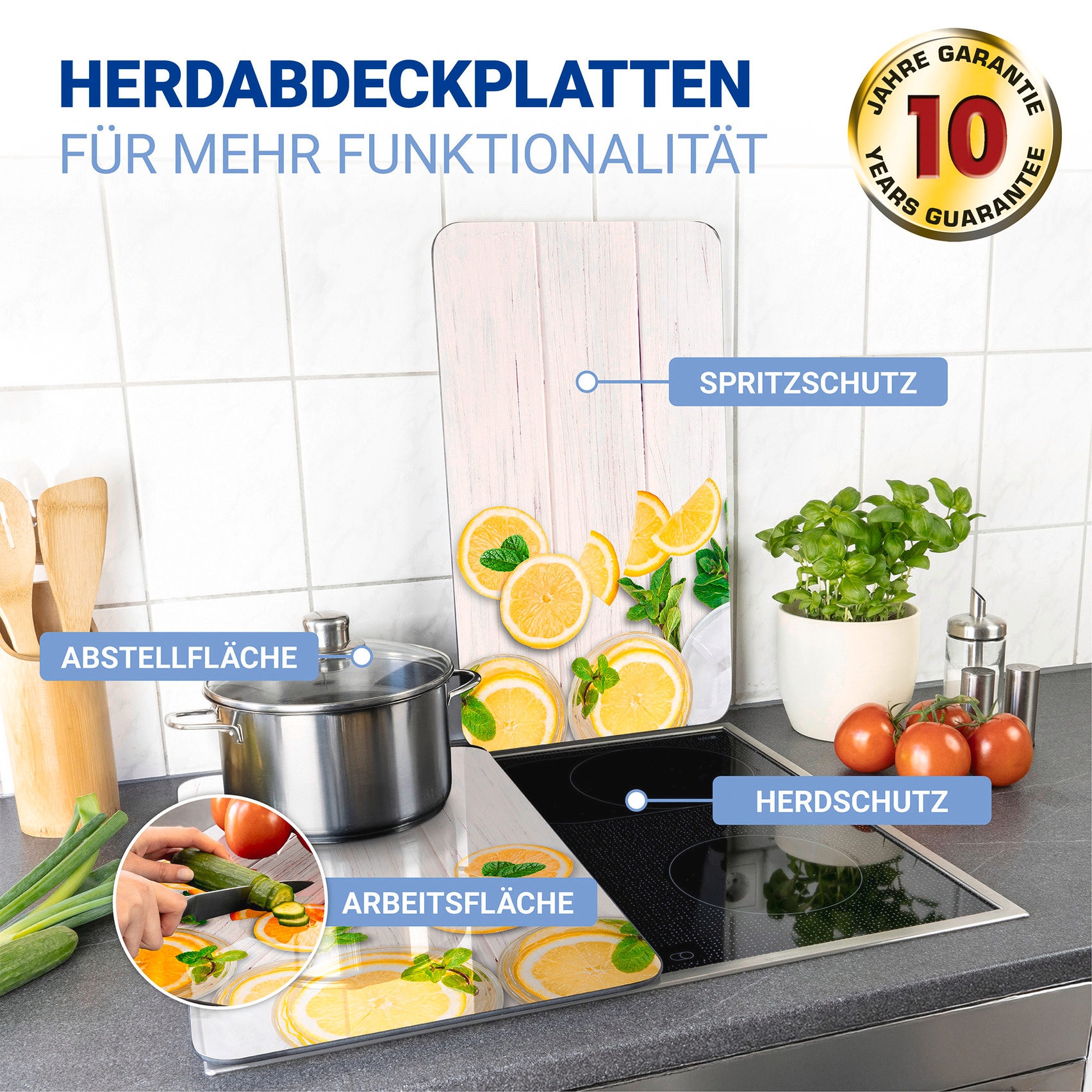 WENKO Herd-Abdeckplatte »Universal Modell Zitronen«, (Set, 2 tlg.), Herdabdeckung für alle Herdarten, kratzfest, mit rutschfesten Füßen