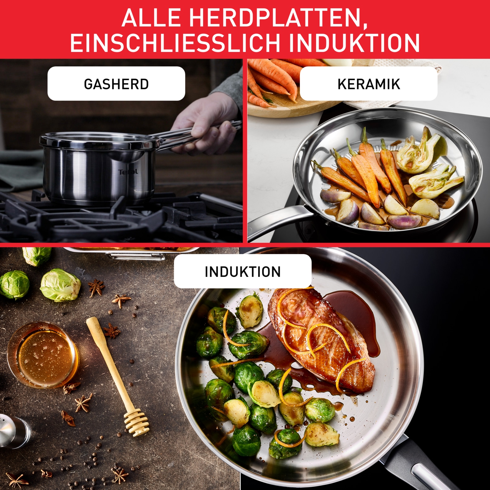 Tefal Pfannen-Set »Duetto On« Edelstahl Set, 3 Stk. tlg. Antihaftbeschichtung, Temperaturindikator Thermo-Signal, Induktion