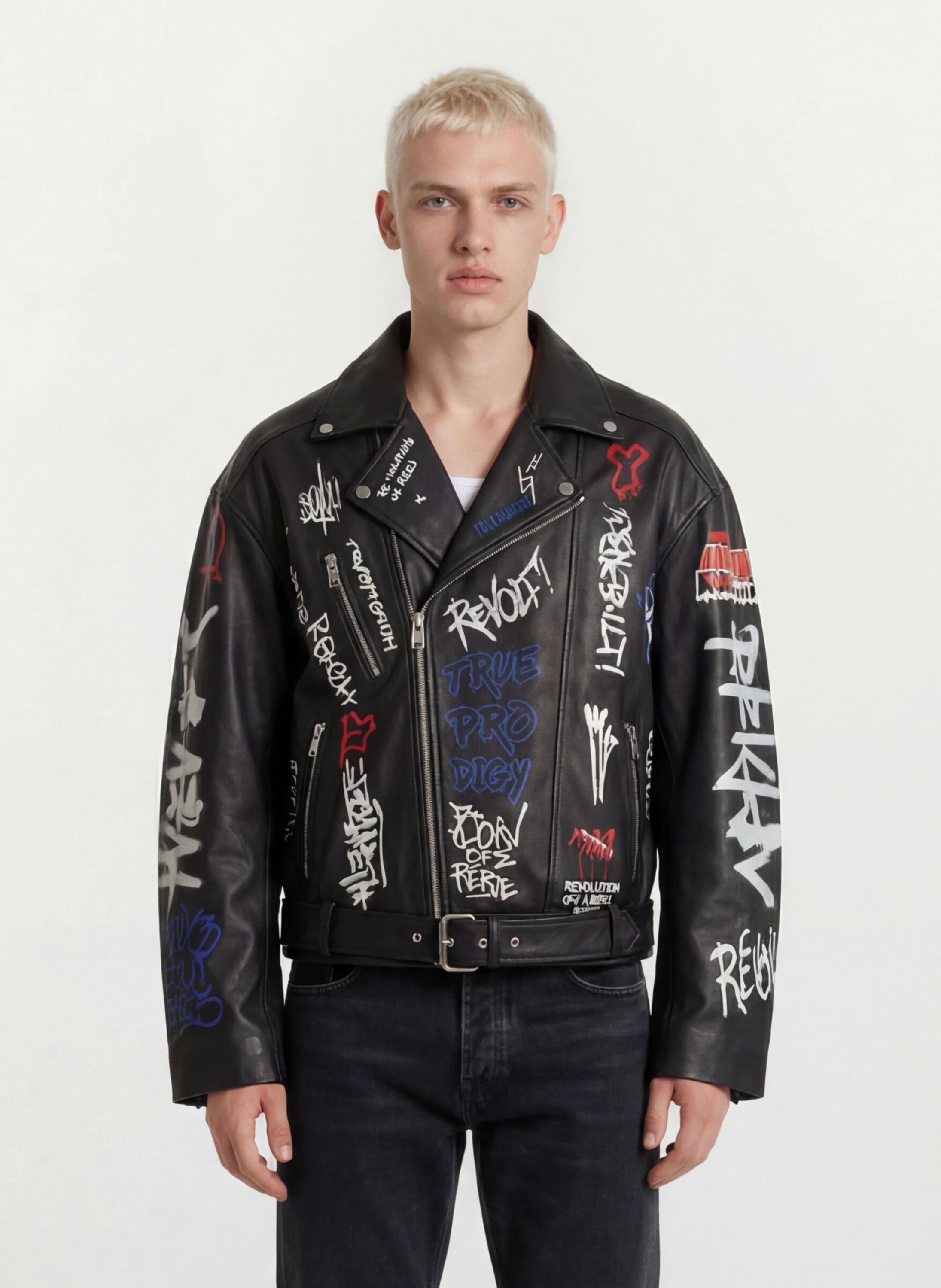 trueprodigy Lederjacke "Danis Auffälliger Graffiti Print" ohne Kapuze