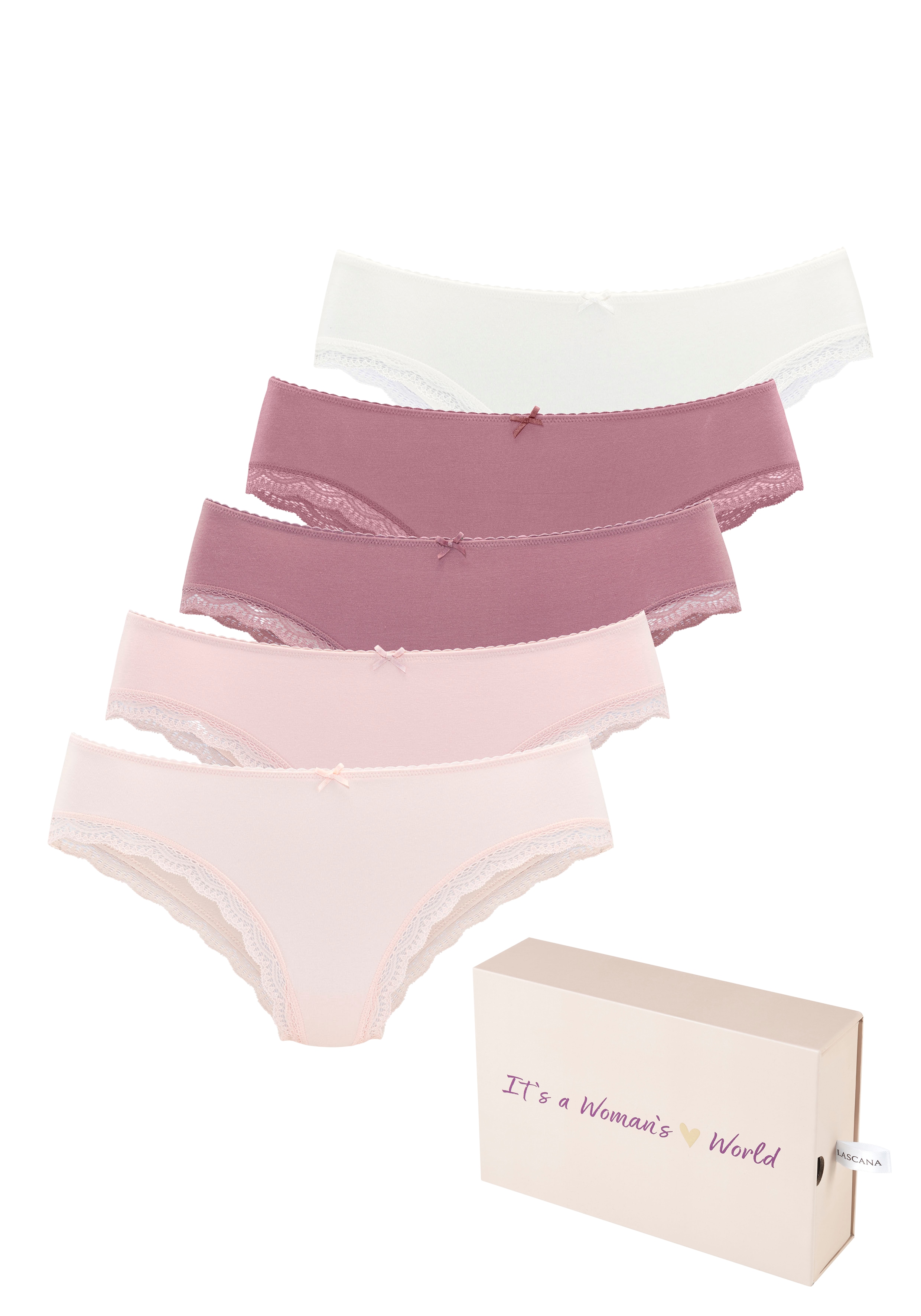 LASCANA Jazz-Pants Slips 5er-Pack, aus elastischer Baumwolle mit zarter Spitze, mit Aufbewahrungsbox