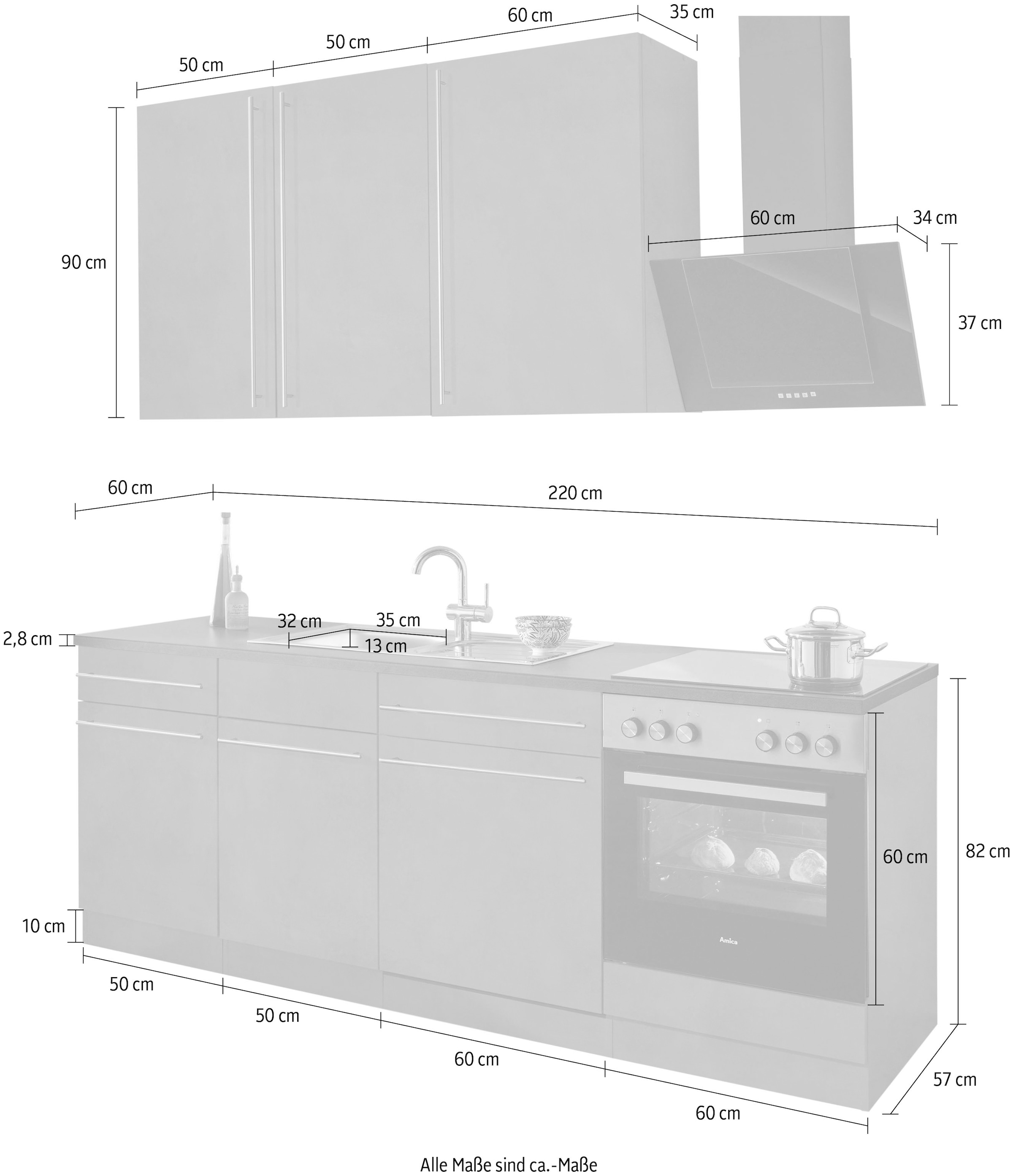 Küchenzeile BAUR ohne 220 Breite | E-Geräte, Küchen cm kaufen wiho »Chicago«,