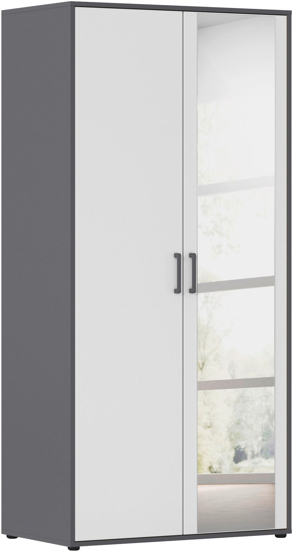 rauch "Kleiderschrank Schrank Garderobe Wäscheschrank VOYAGER" in 3 verschiedenen Ausstattungen BASIC/CLASSIC/PREMIUM, mit modernen Griffen in Graumetallic und Spiegel