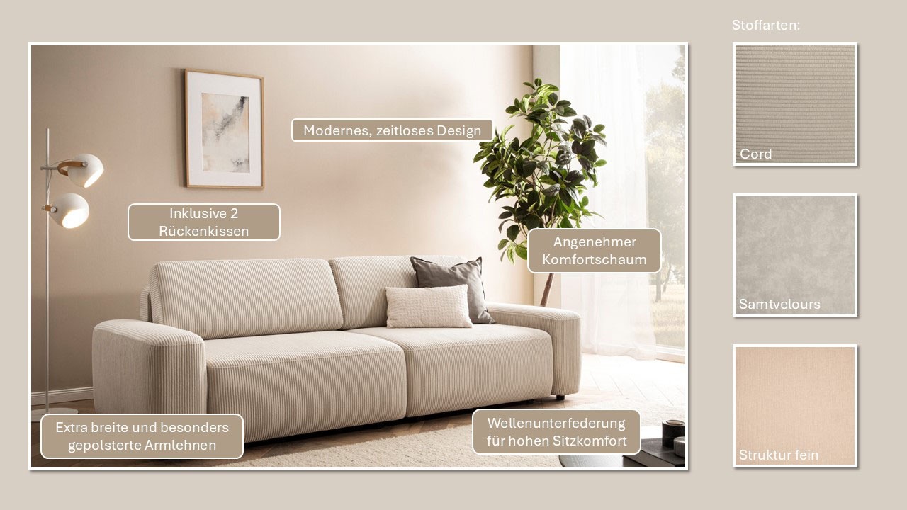 Thumbnail - Home affaire 3-Sitzer "TORGE (257cm), Sofa,Schlafsofa in Cord, Samtvelours, Struktur fein" rundes Design, Schlaffunktion...