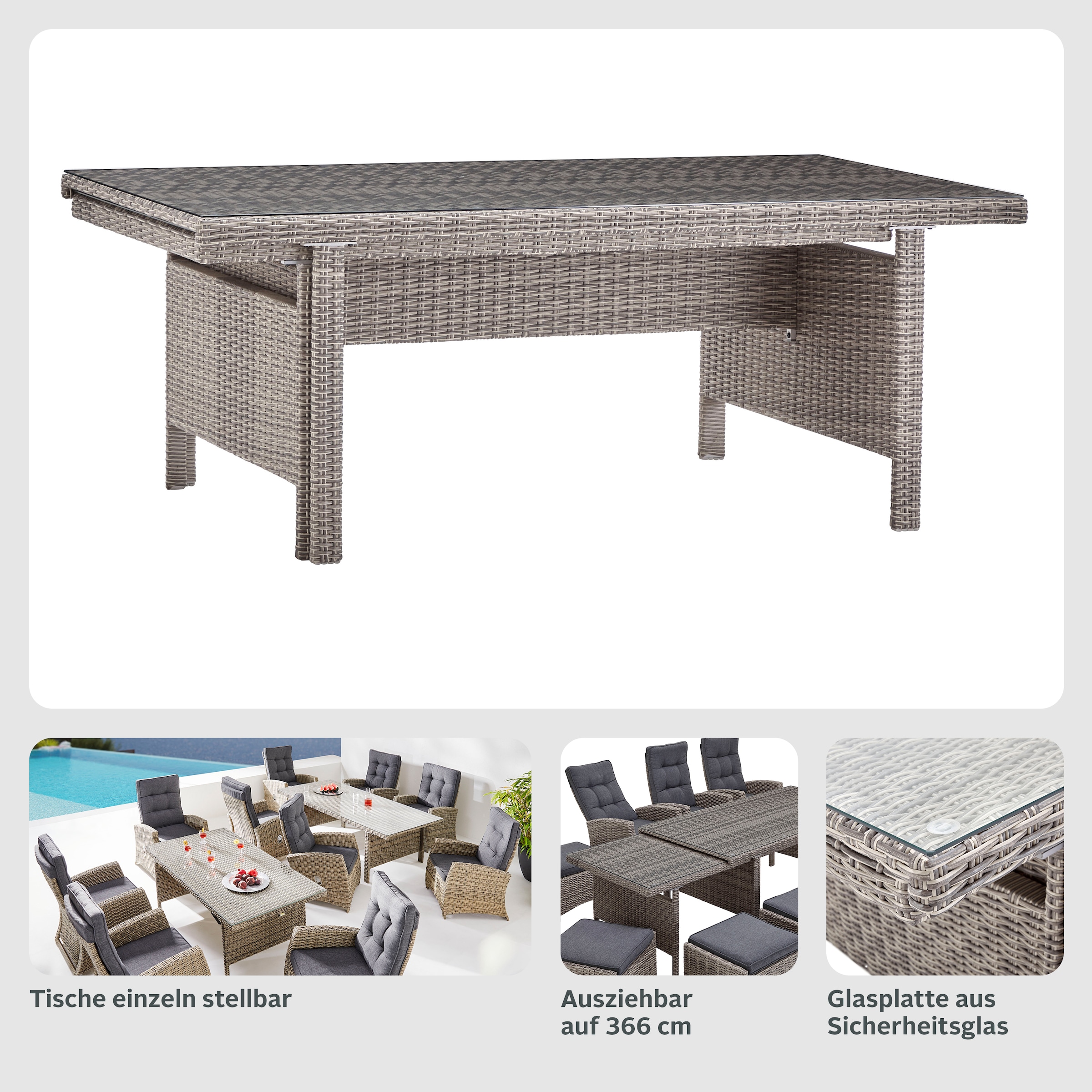 KONIFERA Garten-Essgruppe »Monaco«, (Set, 27 tlg., 6x Sessel, 4x Hocker, 1x AZ-Tisch 200-366x100x75,5 cm, inkl. Auflagen), für 10 Personen Aluminium, Polyrattan, Rückenlehne verstellbar