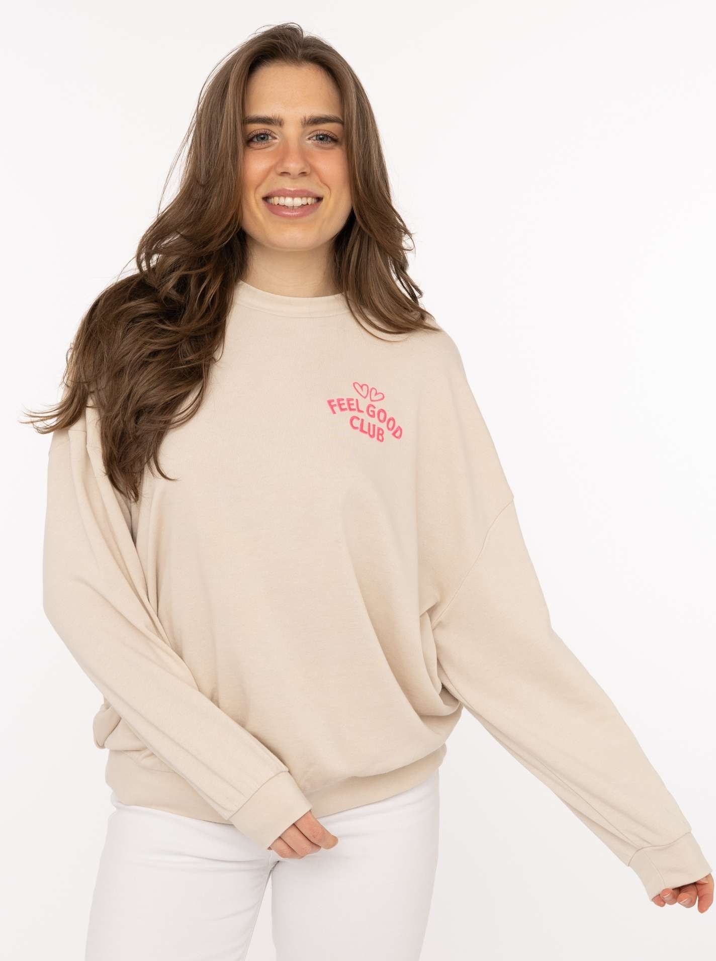 Zwillingsherz Sweatshirt ""Feel Good Club"", Rundhals, kleine Stickerei vorne