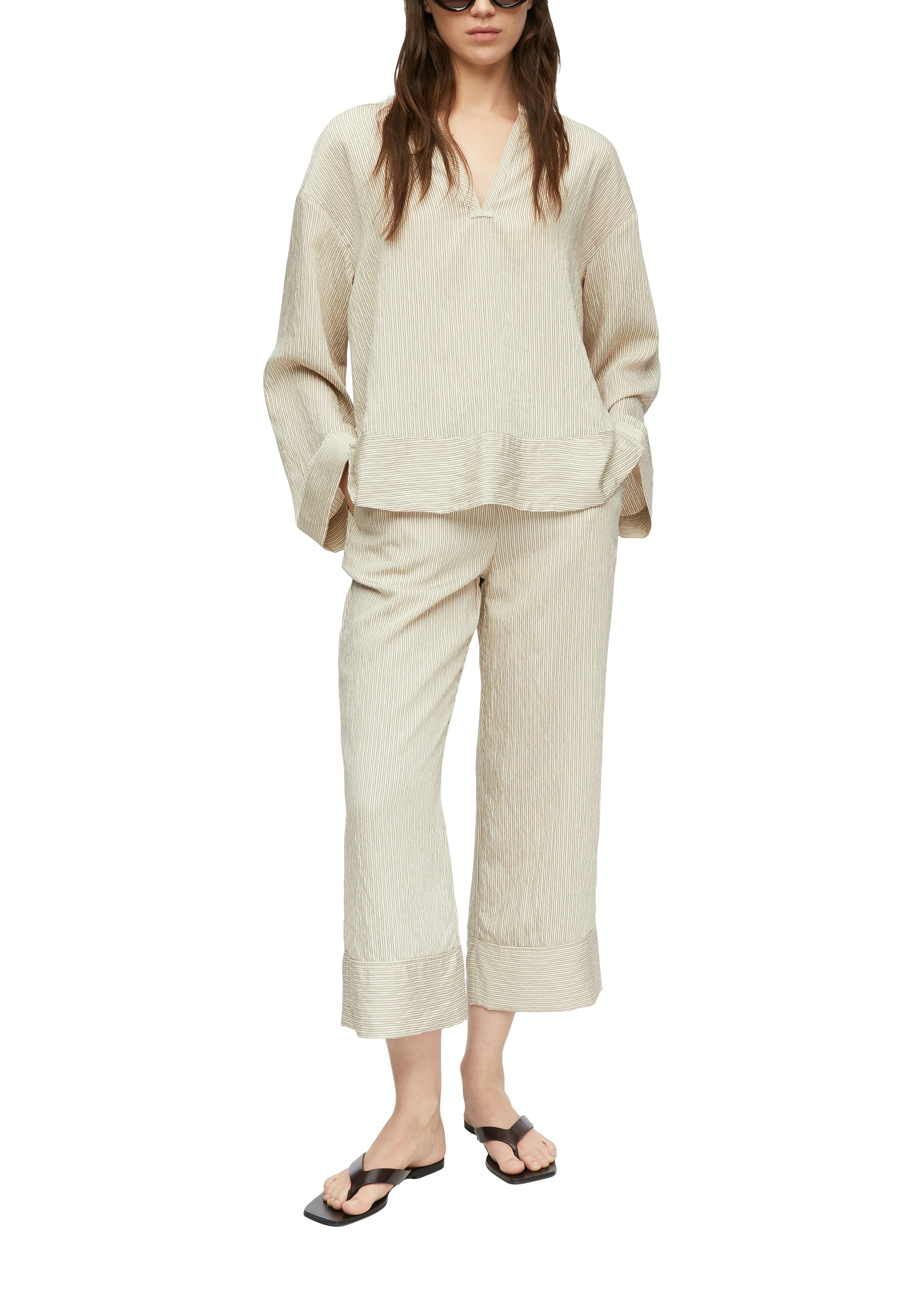 7/8-Hose COMMA, Damen, Gr. 44, N-Gr, bone beige, Web, Obermaterial: 77% Viskose, 17% Polyamid, 6% Polyester, weit 7/8-Länge, Hosen 7/8-Hose, gestreifte Optik, lässig weit geschnitten 2