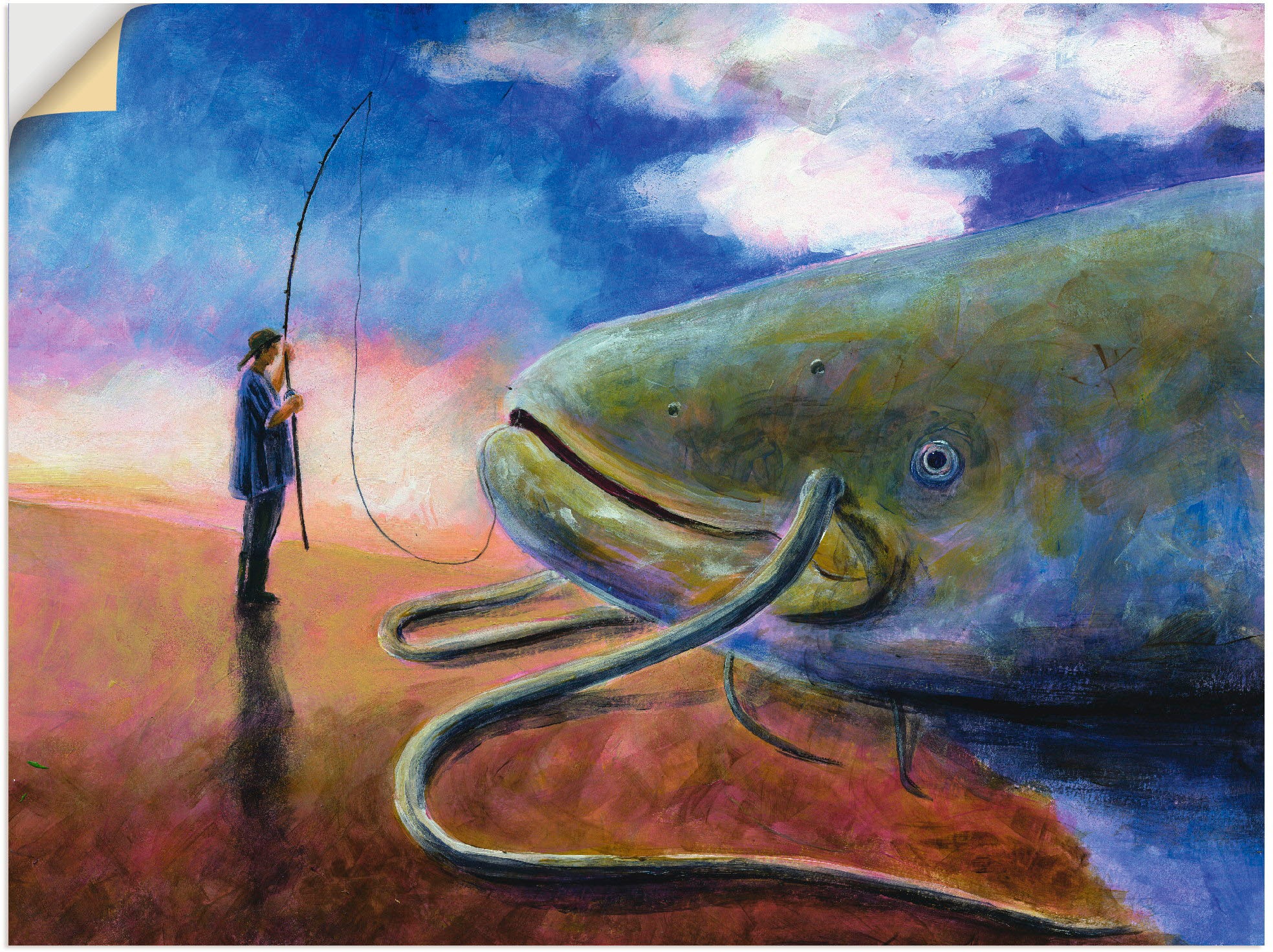 Artland Wandbild "Einen dicken Fisch an Land ziehen", Wassertiere, (1 St.), als Leinwandbild, Wandaufkleber in verschied