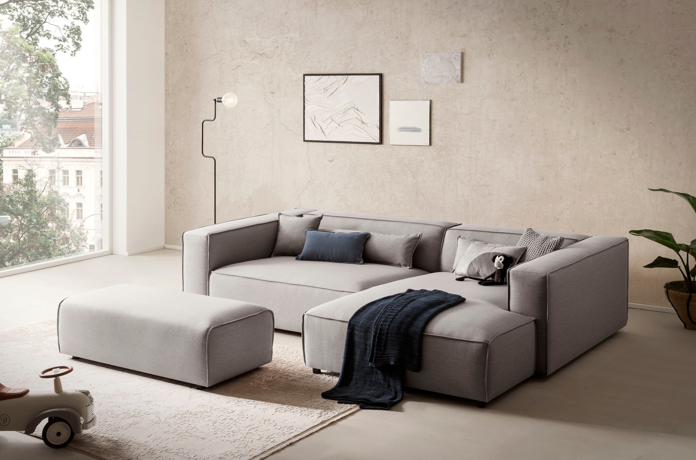 LeGer Home by Lena Gercke Polsterecke »PIARA XXL, L-Form mit Schlaffunktion, Big-Sofa in Cord o. Leinenoptik«, Hocker stellbar zum Schlafsofa (Krokodilverbinder), tiefe Sitzfläche