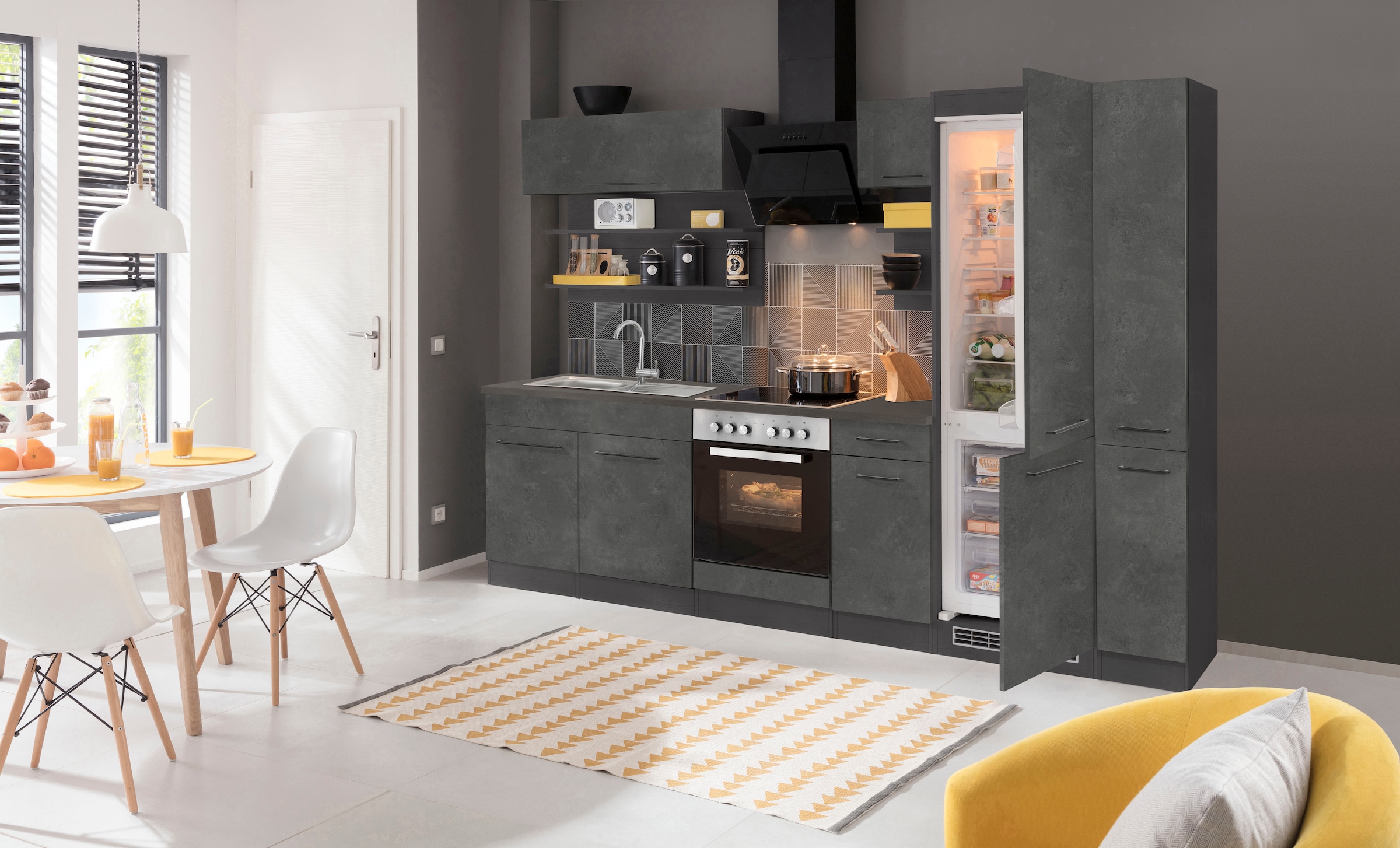 KOCHSTATION Küchenzeile »KS-Tulsa«, ohne E-Geräte, Breite 300 cm, schwarze Metallgriffe, MDF Fronten