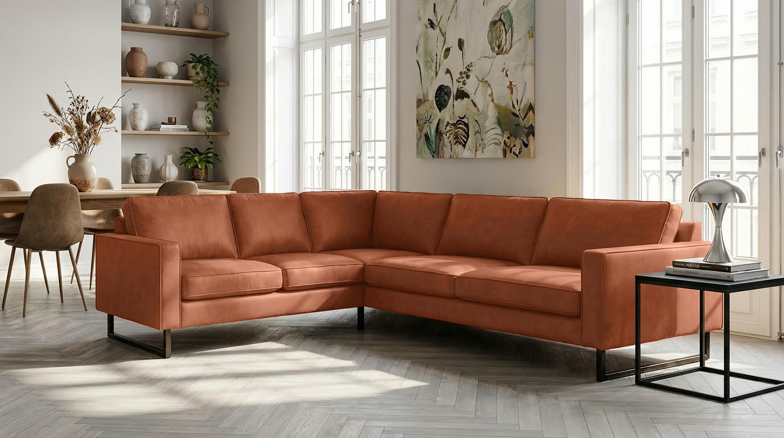 OTTO home Ecksofa "Pinto, XXL, 250/290 cm, langer Schenkel, Ottomane" Cord, Chenille, Lederoptik, mit Keder, Metallfüße, Wellenunterfederung