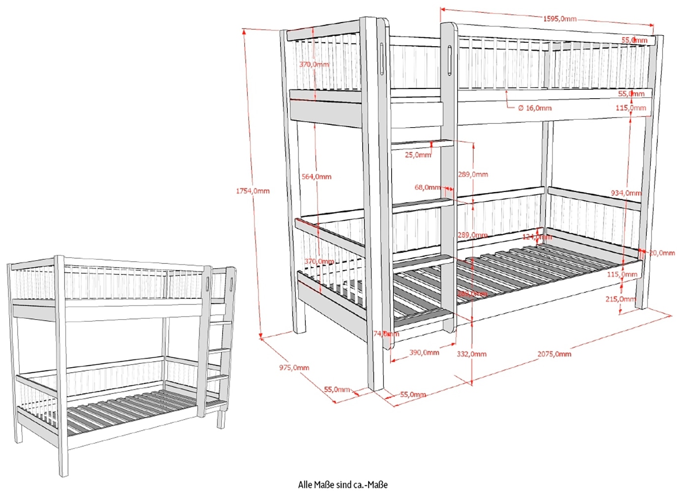 Home affaire Etagenbett »Forrest, rückbaubar zu 2 Einzelbetten, Made in Europe«, (B/H/T ca: 207,5x175,4x104,9 cm, wahlweise aus Eiche oder Buche), stabil und hochwertig gebaut, Ausf. geölt oder weiß