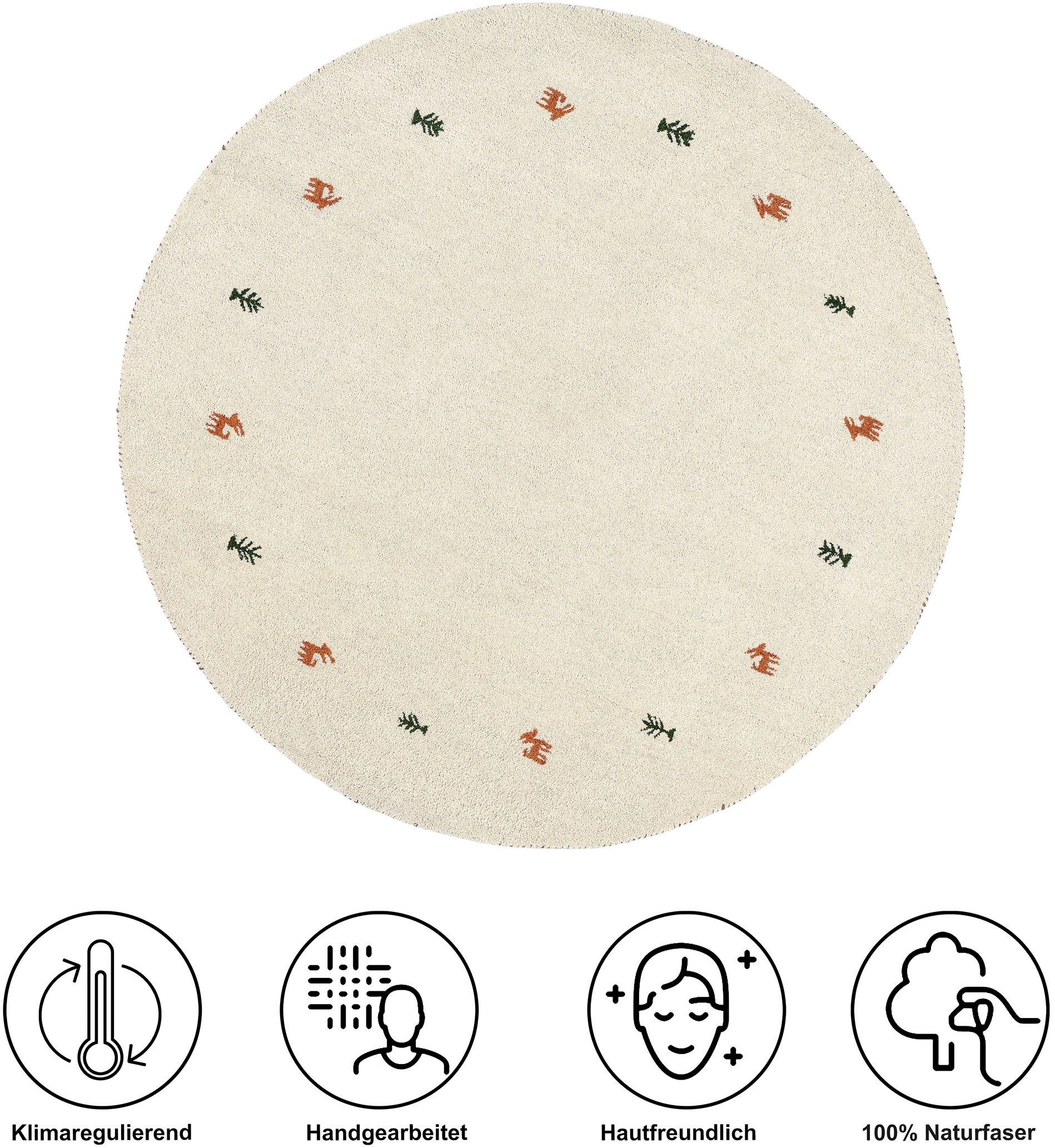 THEKO Wollteppich »Gabbeh Motiv, Handweb Teppich, Tiermotiv, reine Wolle, handgewebt«, rund, 14 mm Höhe, reine Wolle, handgewebt, Wohnzimmer, Schlafzimmer, Esszimmer