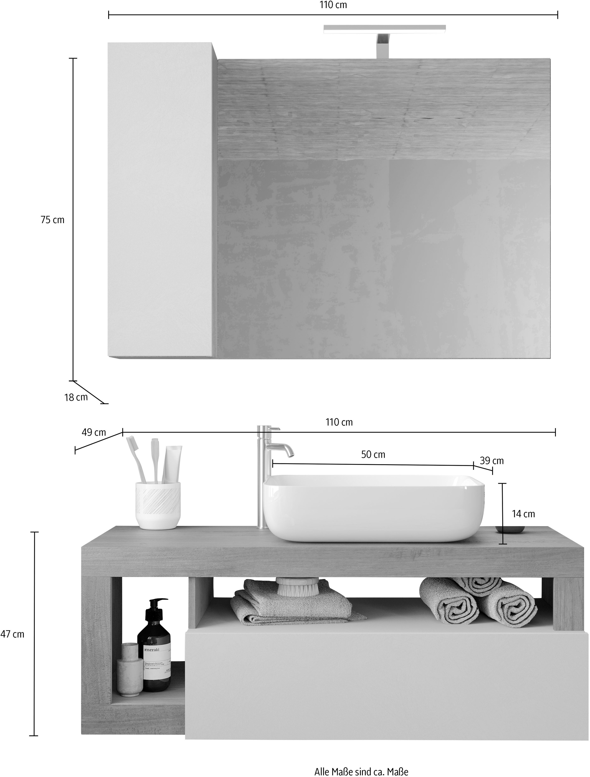welltime Badmöbel-Set »Hamburg, Badezimmerset 2tlg. Breite 110 cm, Badmöbel, Waschtisch inkl.«, (Spar-Set, 2 St.), Waschbecken, Spiegelschrank mit LED Aufbauleuchte, Soft-Close-Funktion