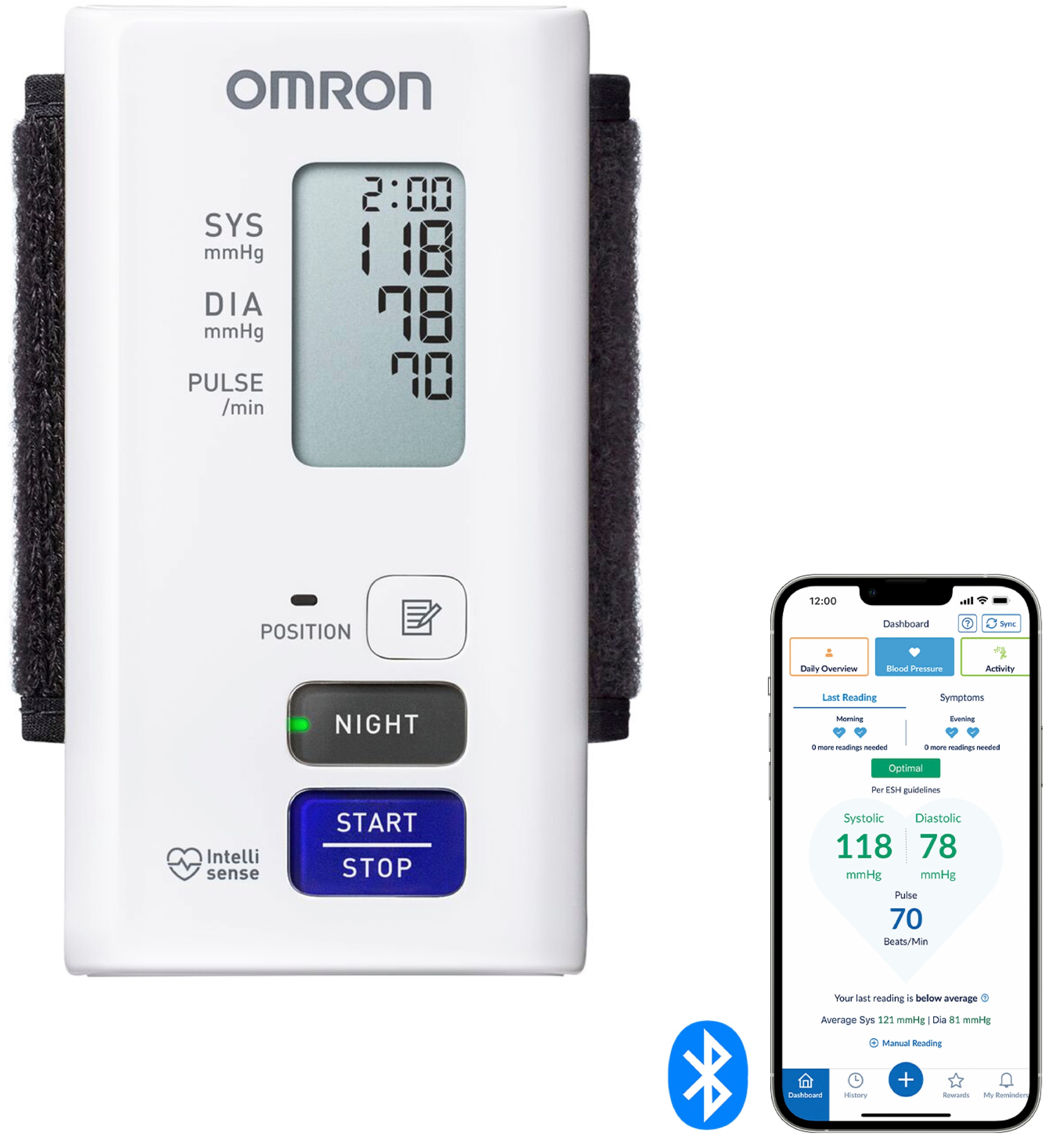OMRON Handgelenk-Blutdruckmessgerät "NightView, geräuschlose Blutdruckmessungen am Tag und in der Nacht", weiß, B:5cm H:10cm T:1cm,