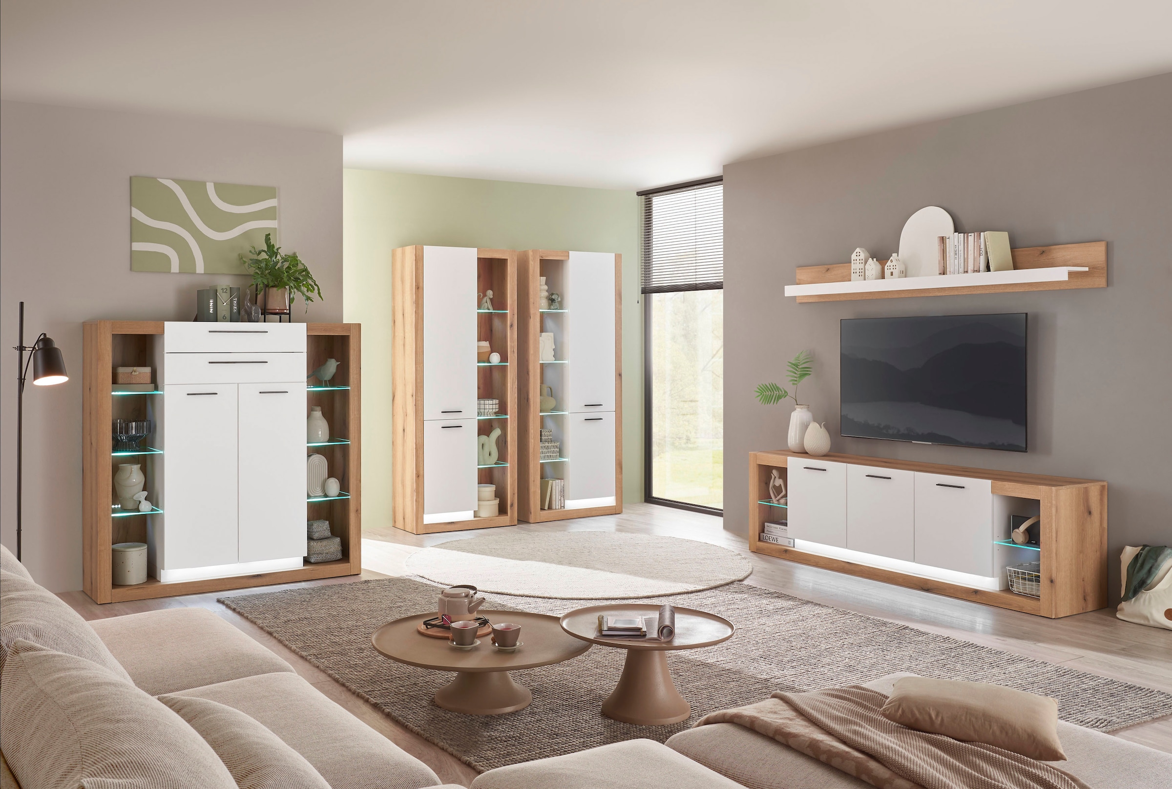 INOSIGN Vitrine »Brixen, Vitrinenschrank in Eiche Dekor, moderne Standvitrine«, Metallgriffe, ausreichend Stauraum, vielseitig einsetzbar, 80 cm breit