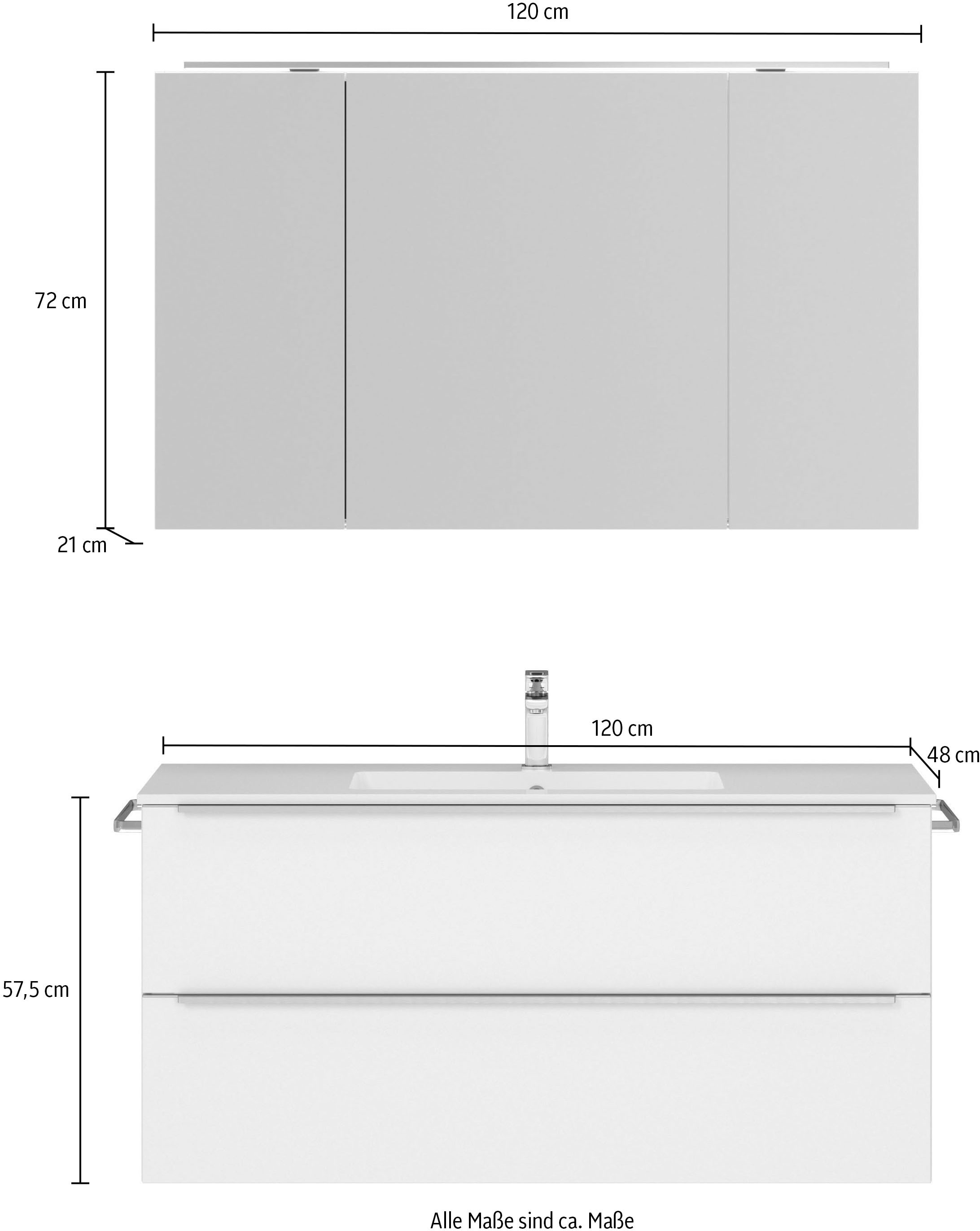 nobilia® Badmöbel-Set »Levere«, (2 St., vormontiert, mit Soft-Close), inkl. Spiegelschrank mit Beleuchtung und Dimmerfunktion, in 4 Breiten
