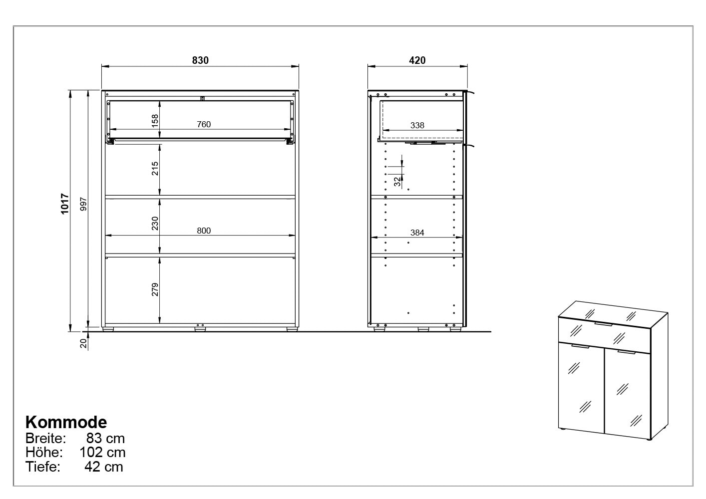 GERMANIA Kombikommode »Oakland«, Breite 83 cm, Fronten und Oberboden mit Glasauflage