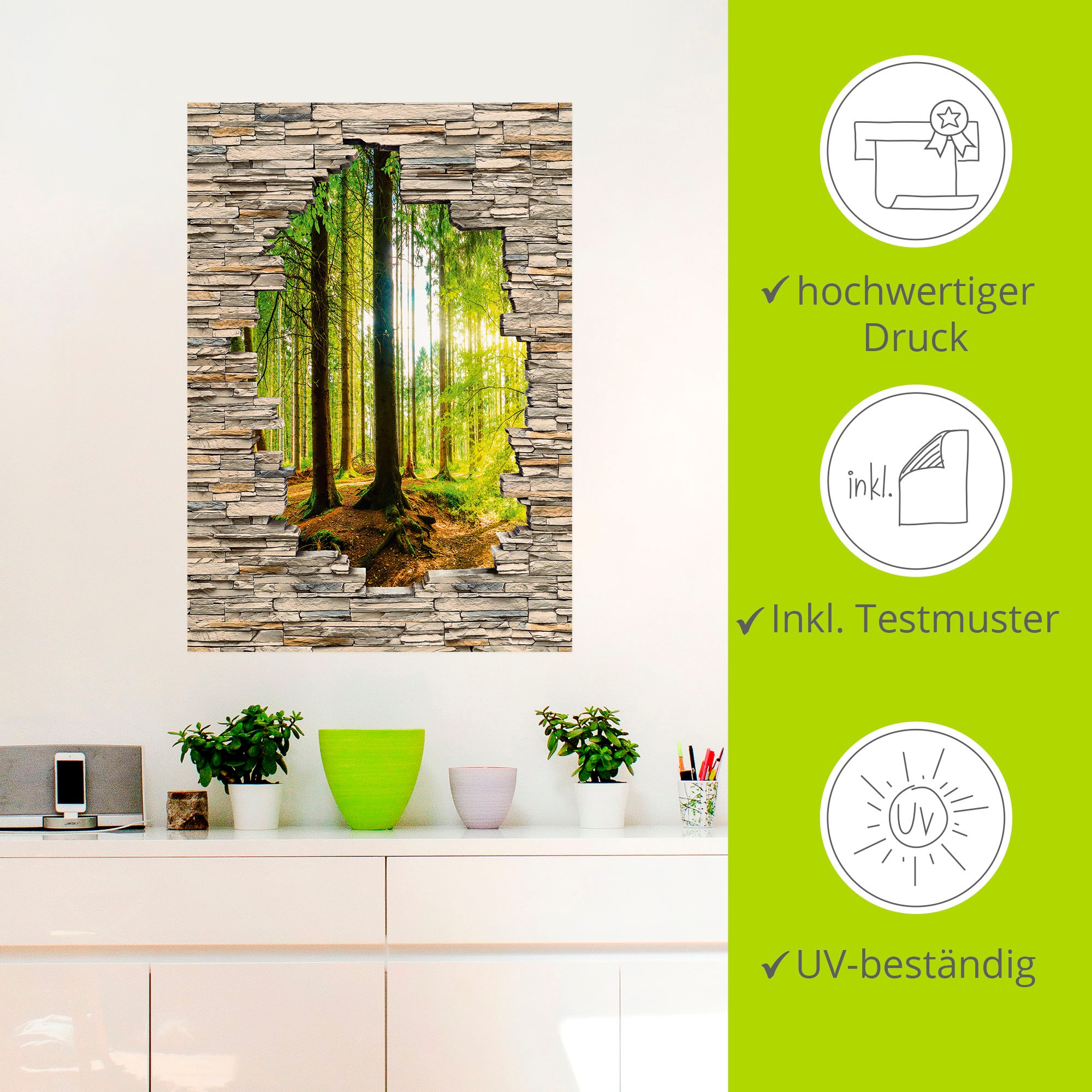 Artland Wandbild »Wald mit Bach Blick Stein Mauer«, Waldbilder, (1 St.), als Alubild, Outdoorbild, Poster, Wandaufkleber in verschied. Größen