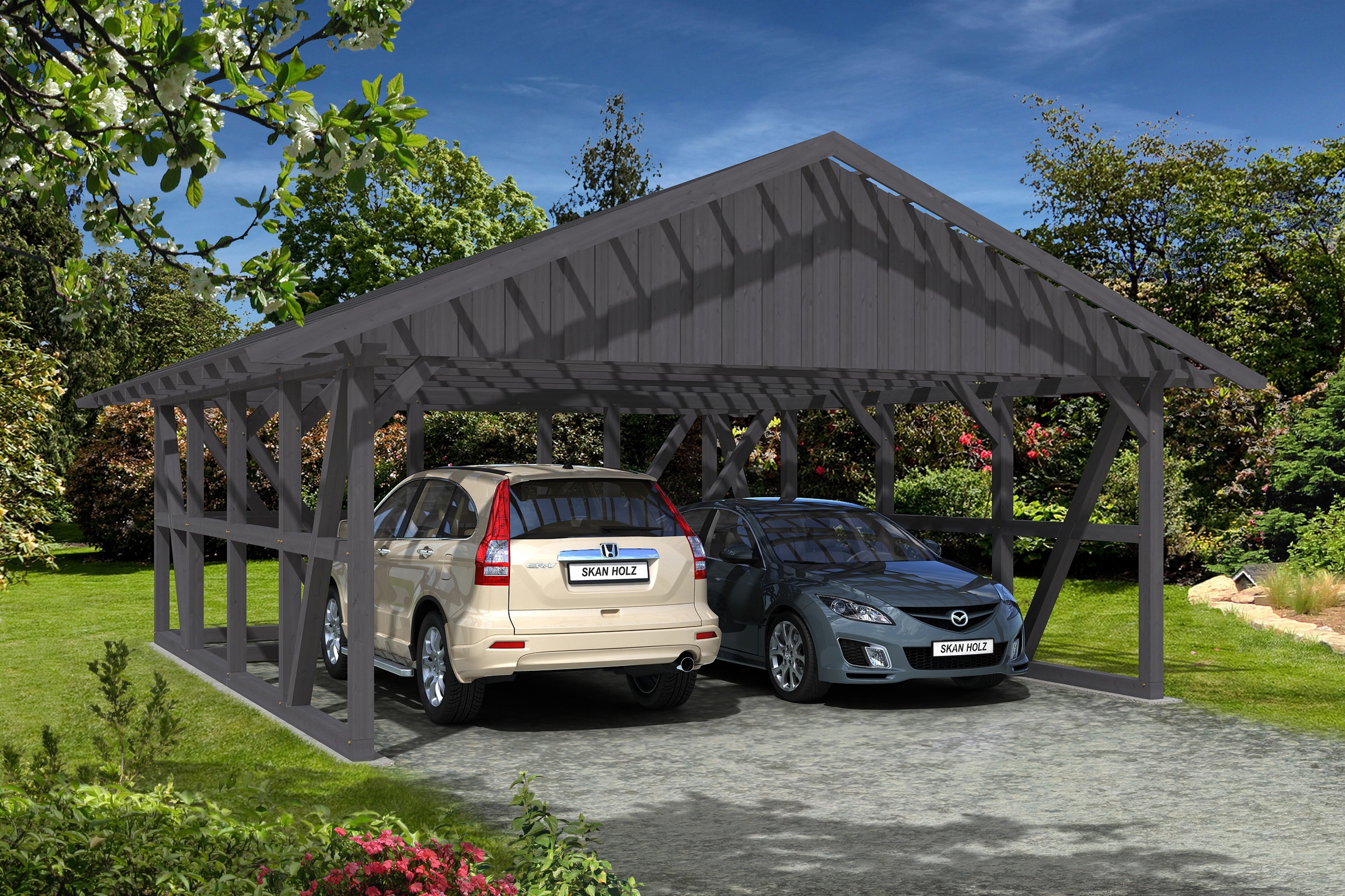 Skanholz Doppelcarport »Schwarzwald«, KVH-Fichte, 560 cm, Schiefergrau, mit Dachlattung