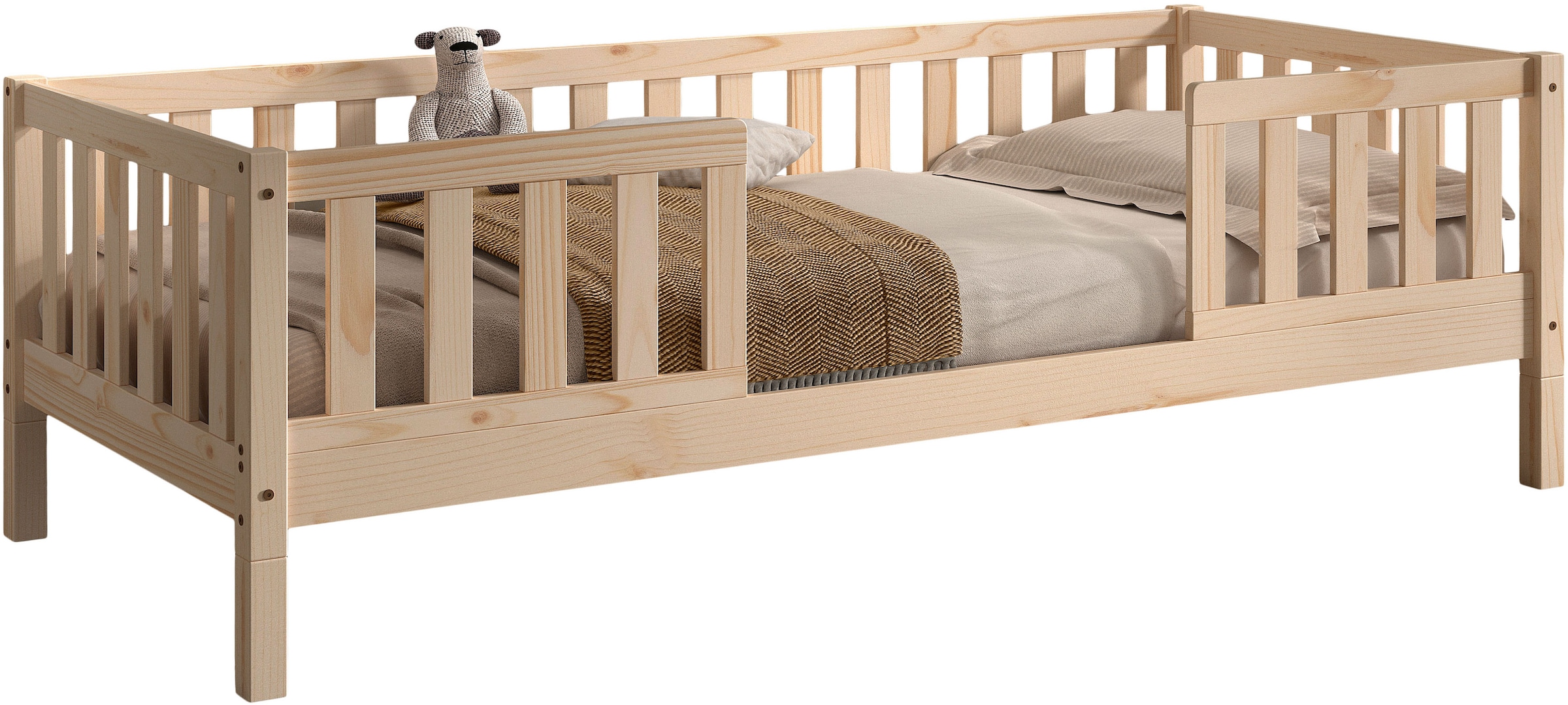 Vipack Daybett "Dallas Massiv Bett mit Rausfallschutz umbaubar vom Boden- zum Daybett" mit Bettschublade, wahlweise Kiefer massiv natur oder weiß