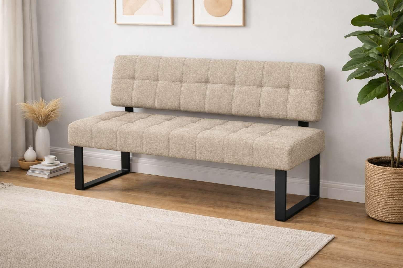 Sitzbank HOME AFFAIRE "Mia Küchenbank, Polsterbank, Esszimmerbank, 141x64 cm", beige, schwarz, B:141cm H:86,5cm T:61cm, Massivholz, Metall, Polyester, Sitzbänke, Sitzbank, Moderne Bank und Farben, Sitzplatzanzahl: 2-3, Frei in Raum stellbar