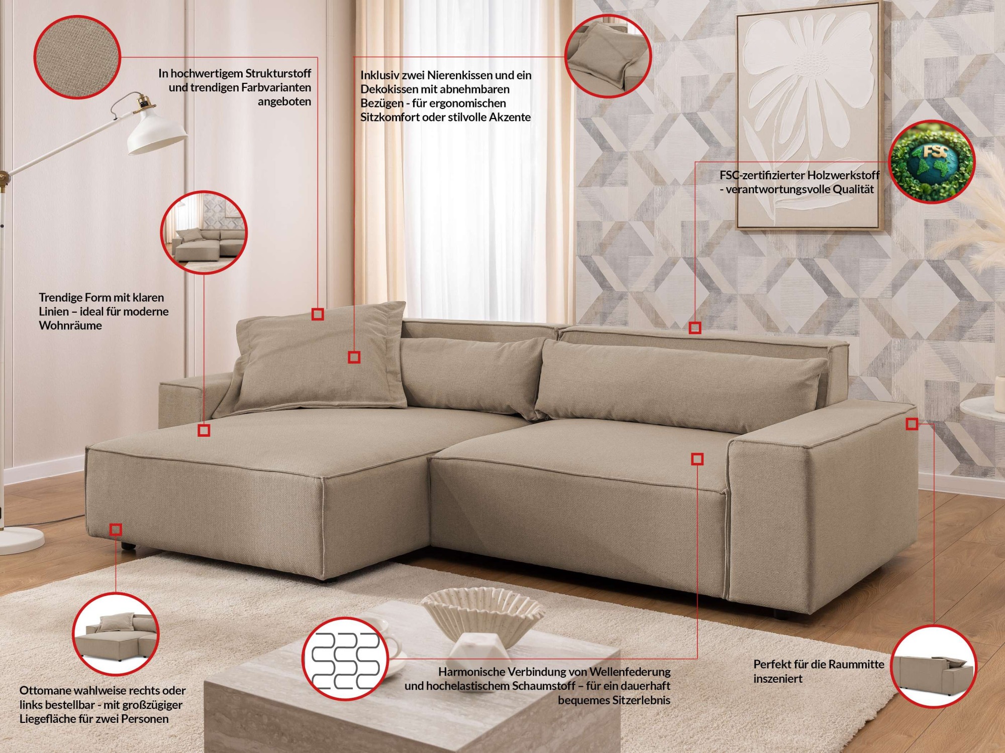 Thumbnail - OTTO home Ecksofa "KINLEE Design-Sofa mit Recamiere rechts/links, Maße B/T/H 251/144/70cm" L-Form mit Wellenunterfederun...