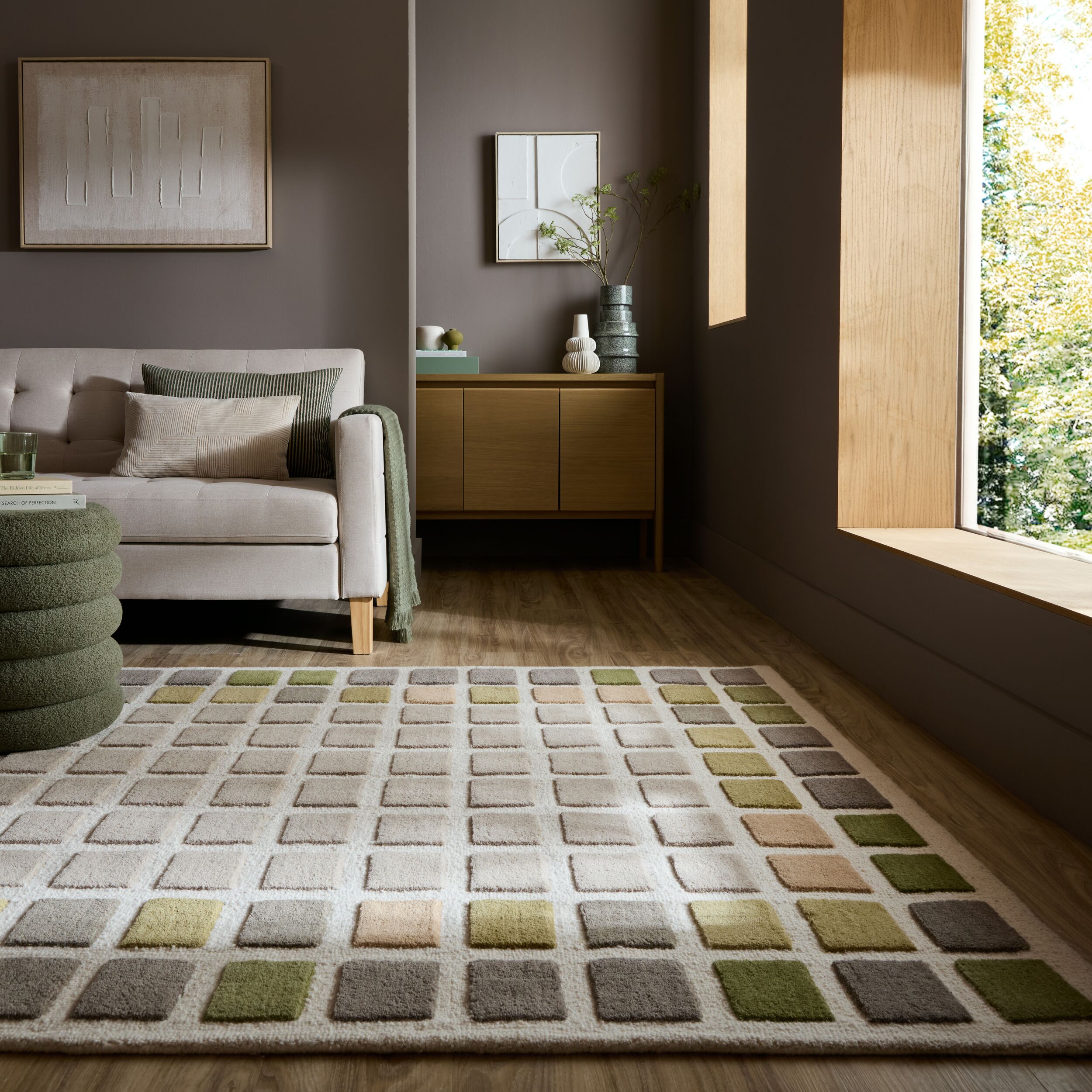 FLAIR RUGS Wollteppich "RENGA" rechteckig 10 mm Höhe 100% Wolle, Modernes Karomuster mit 3D-Effekt