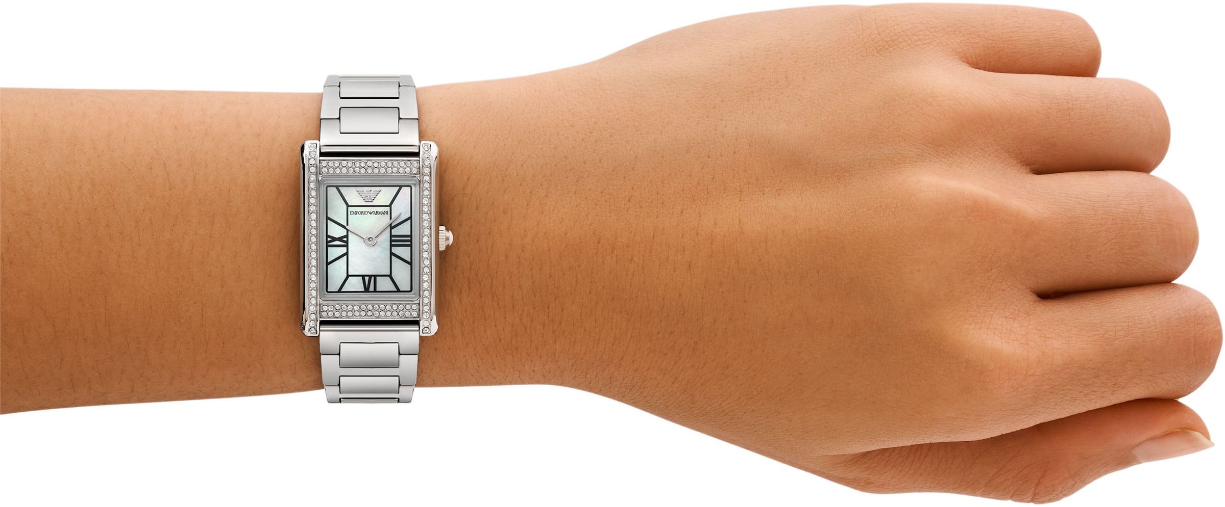 Emporio Armani Quarzuhr, Armbanduhr, Damenuhr, Edelstahlarmband, analog, Glassteine