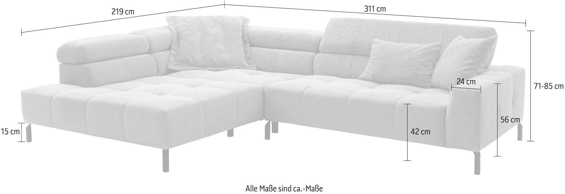 Places of Style Ecksofa »Cleveland, L-Form, incl. Kopfteilverstellung, Breite 311 cm«, wahlweise elektrischer Sitzvorzug