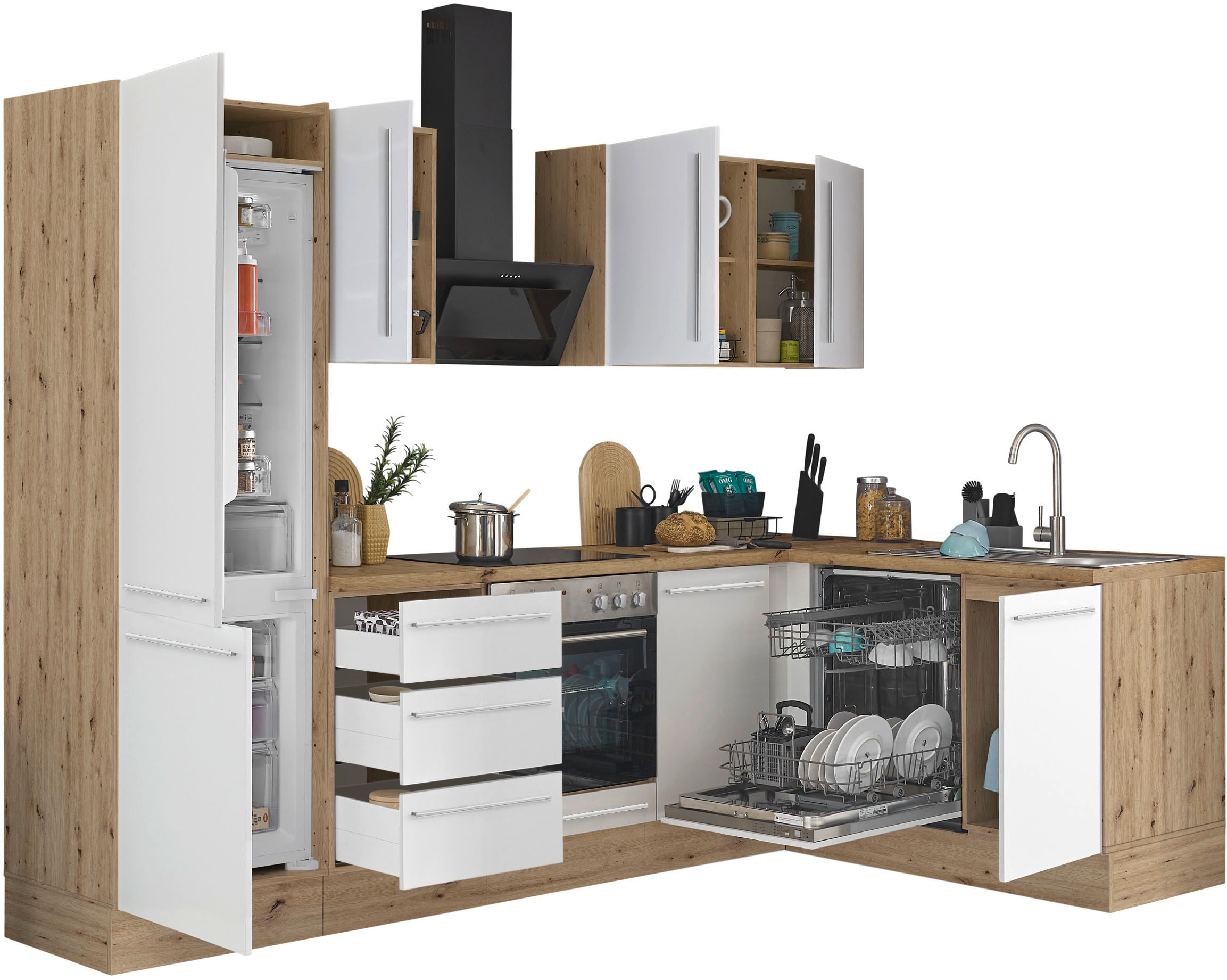 KOCHSTATION Winkelküche »Florida, Stellbreite 280x165 cm« wahlweise mit E-Geräten, mit Softclose für Türen und Schubkästen