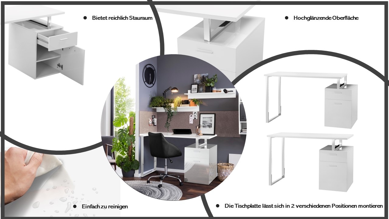 Places of Style Schreibtisch »FJUS, Hochglanz-Optik, mit Metallkufe, 1 Schublade und Tür«, Breite 120 bzw. 136 cm durch variabel montierbare Tischplatte