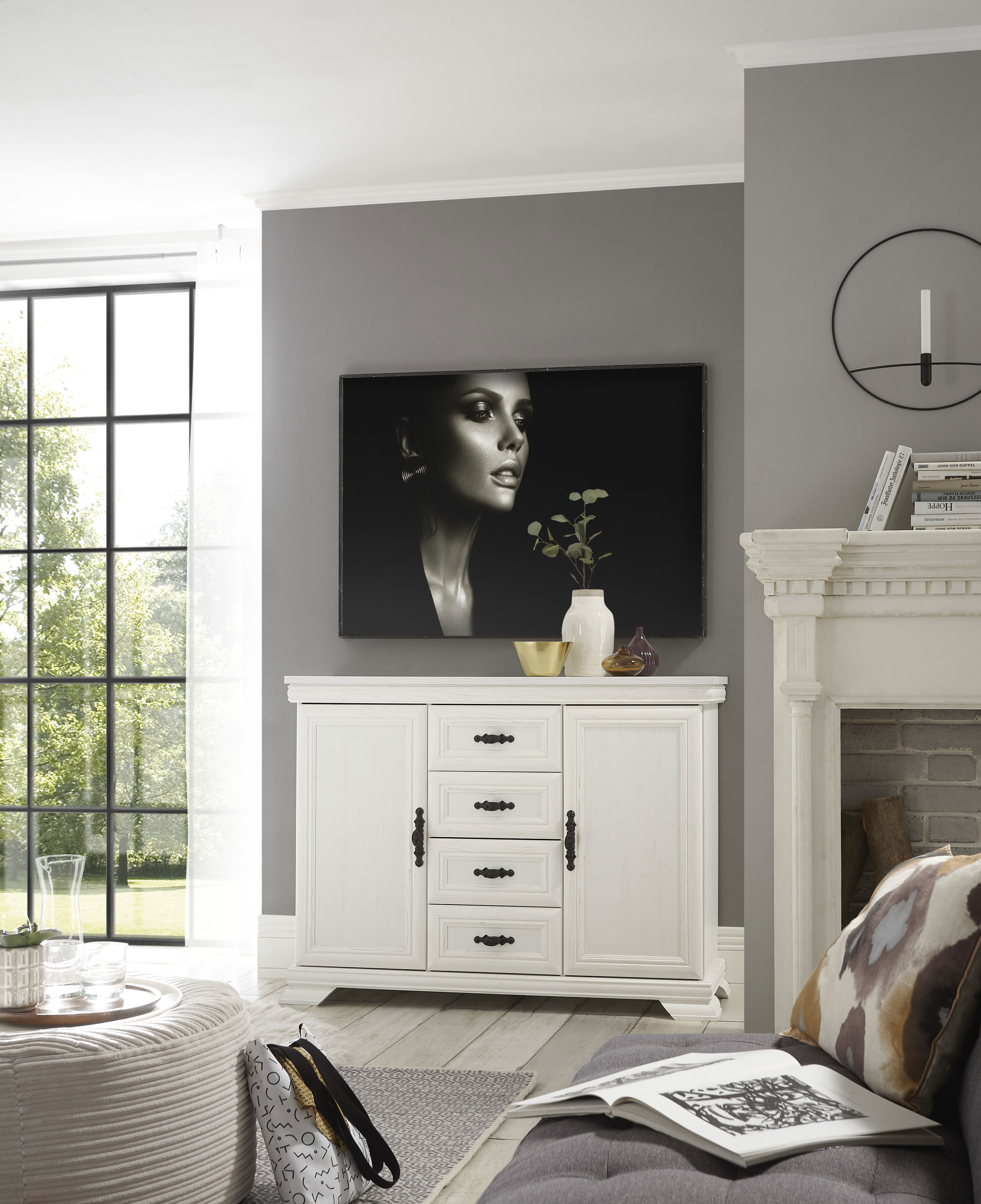 OTTO home Sideboard "Royal, eleganter Schrank, Kommode, Stauraumelement im Landhausstil" dekorative Rahmenoptik, Metallgriffe, viel Stauraum, 128 cm breit