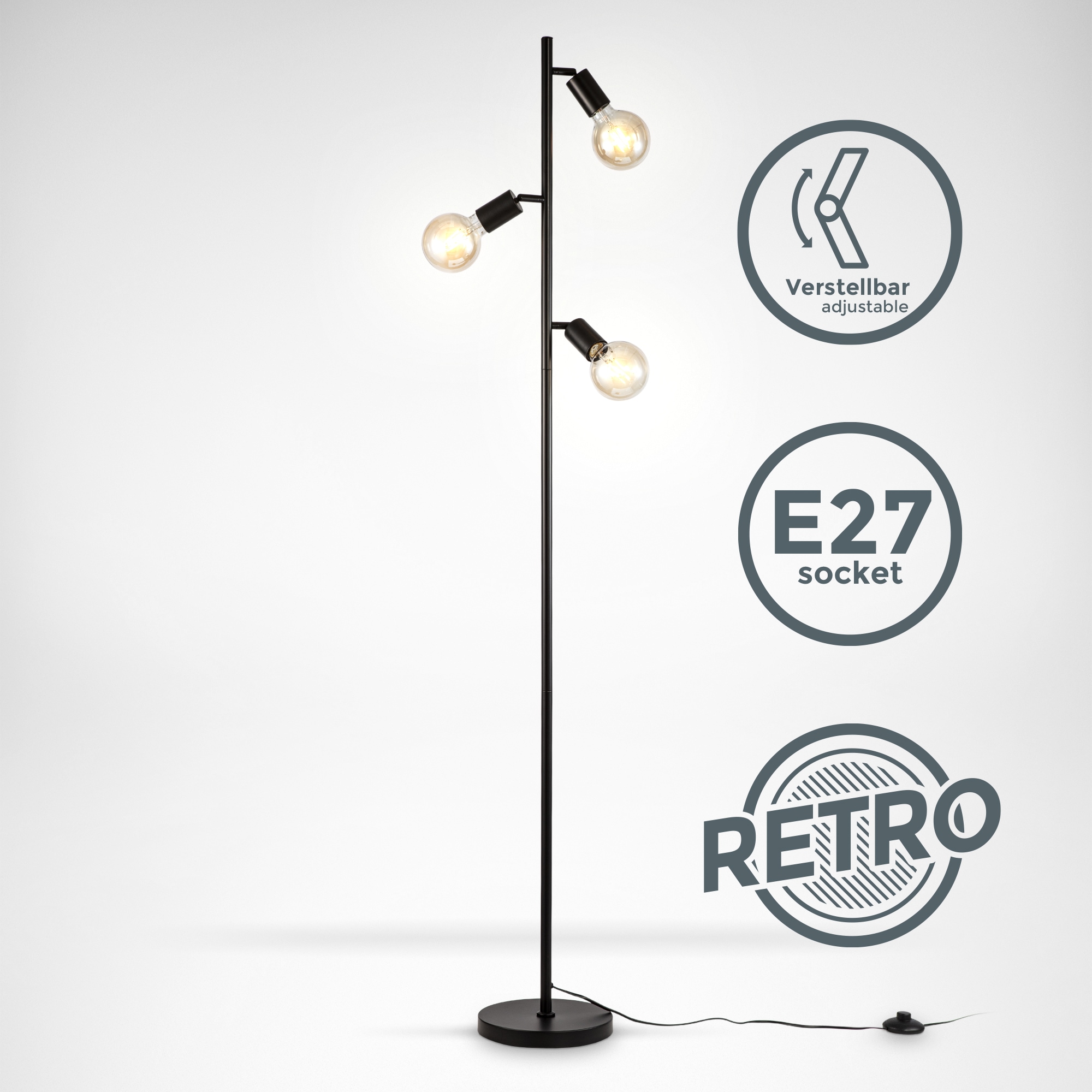 B.K.Licht Stehlampe, 3-flammig, Metall, für kaufen | Fassung, Kabelschalter E27 Inkl. Leuchtmittel Leuchtmittel, günstig Ohne Schwarz